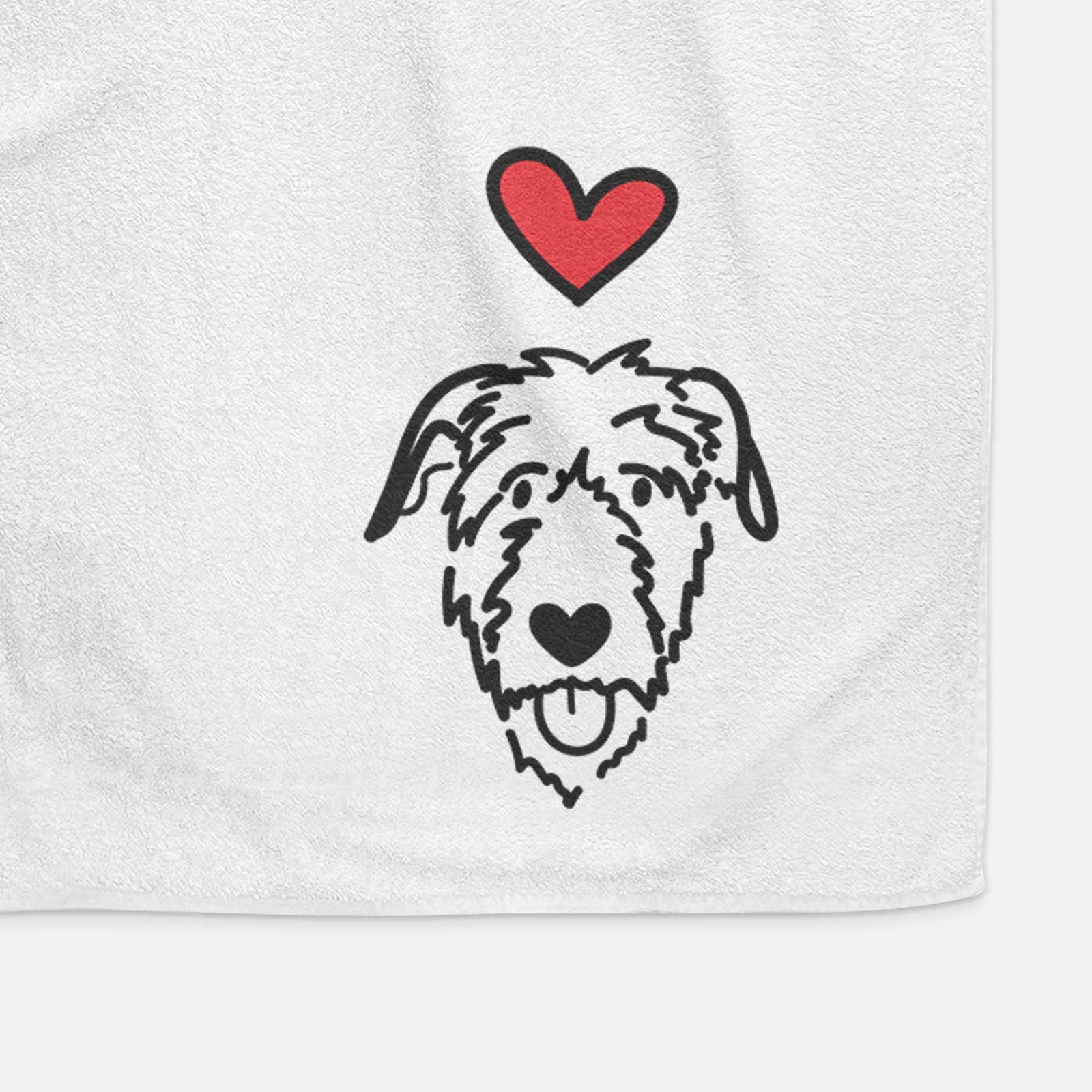 Minimalist line drawing of an Irish Wolfhound with a red heart on a decorative hand towel
