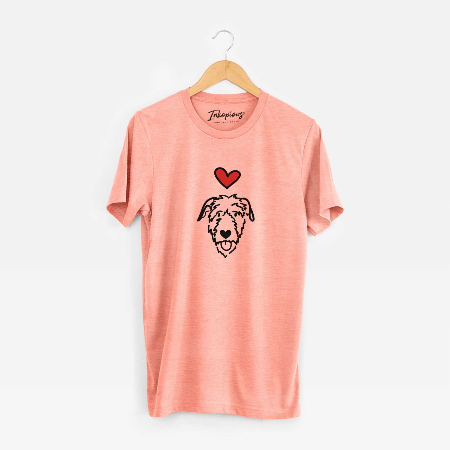 Minimalist line drawing of an Irish Wolfhound with a red heart on a Sunset Unisex crewneck