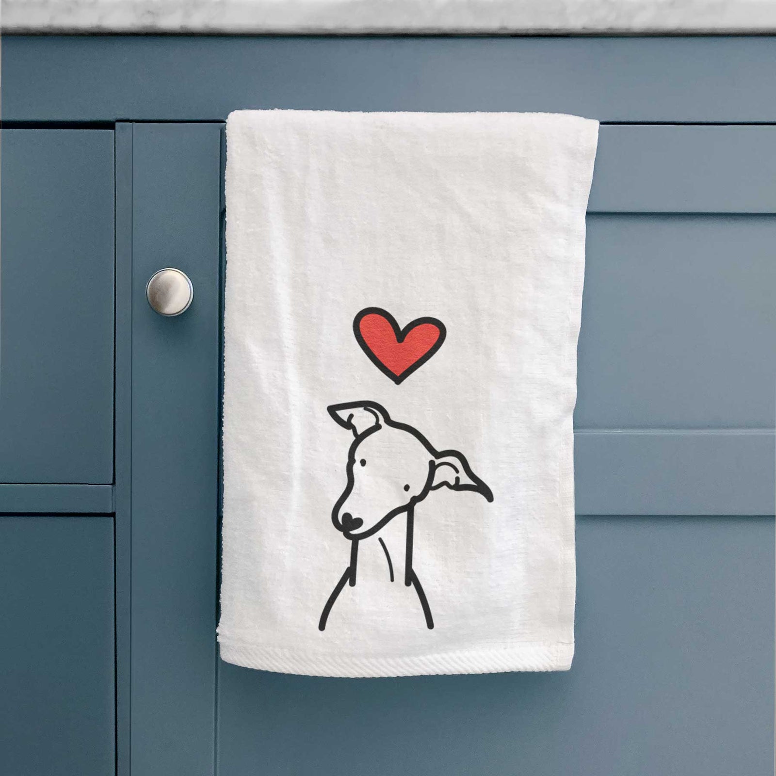 Minimalist line drawing of an Italian Greyhound with a red heart on a decorative hand towel