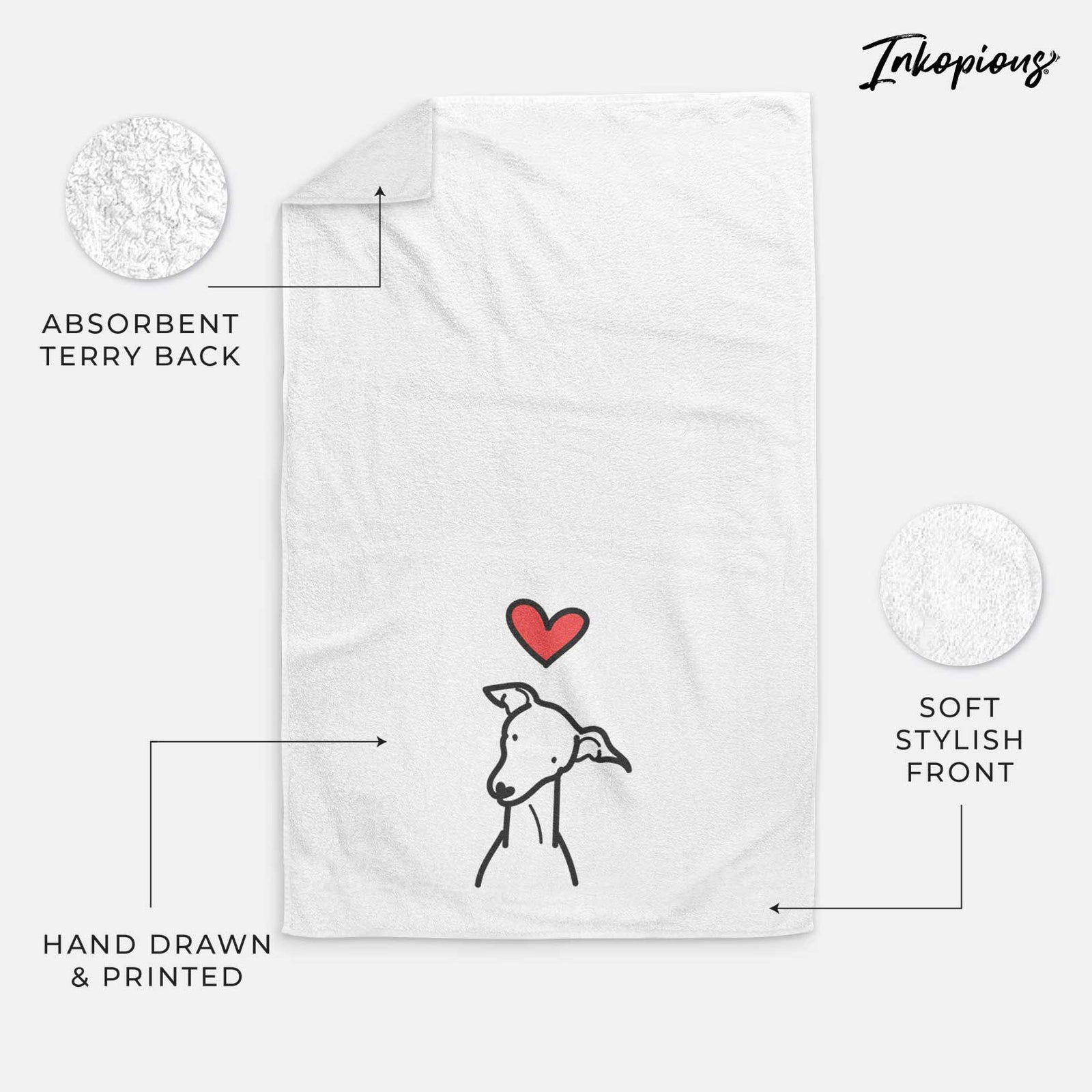 Minimalist line drawing of an Italian Greyhound with a red heart on a decorative hand towel