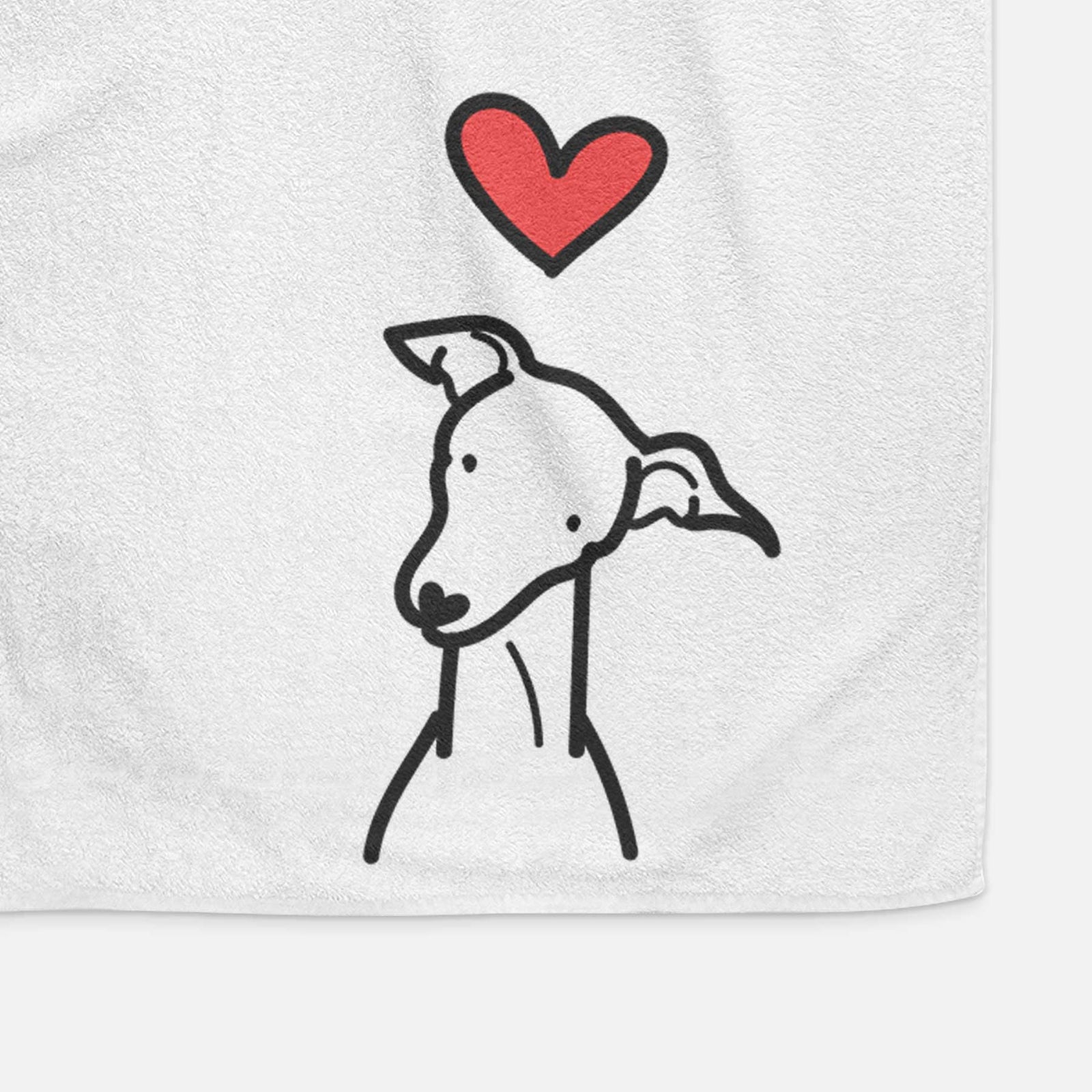 Minimalist line drawing of an Italian Greyhound with a red heart on a decorative hand towel