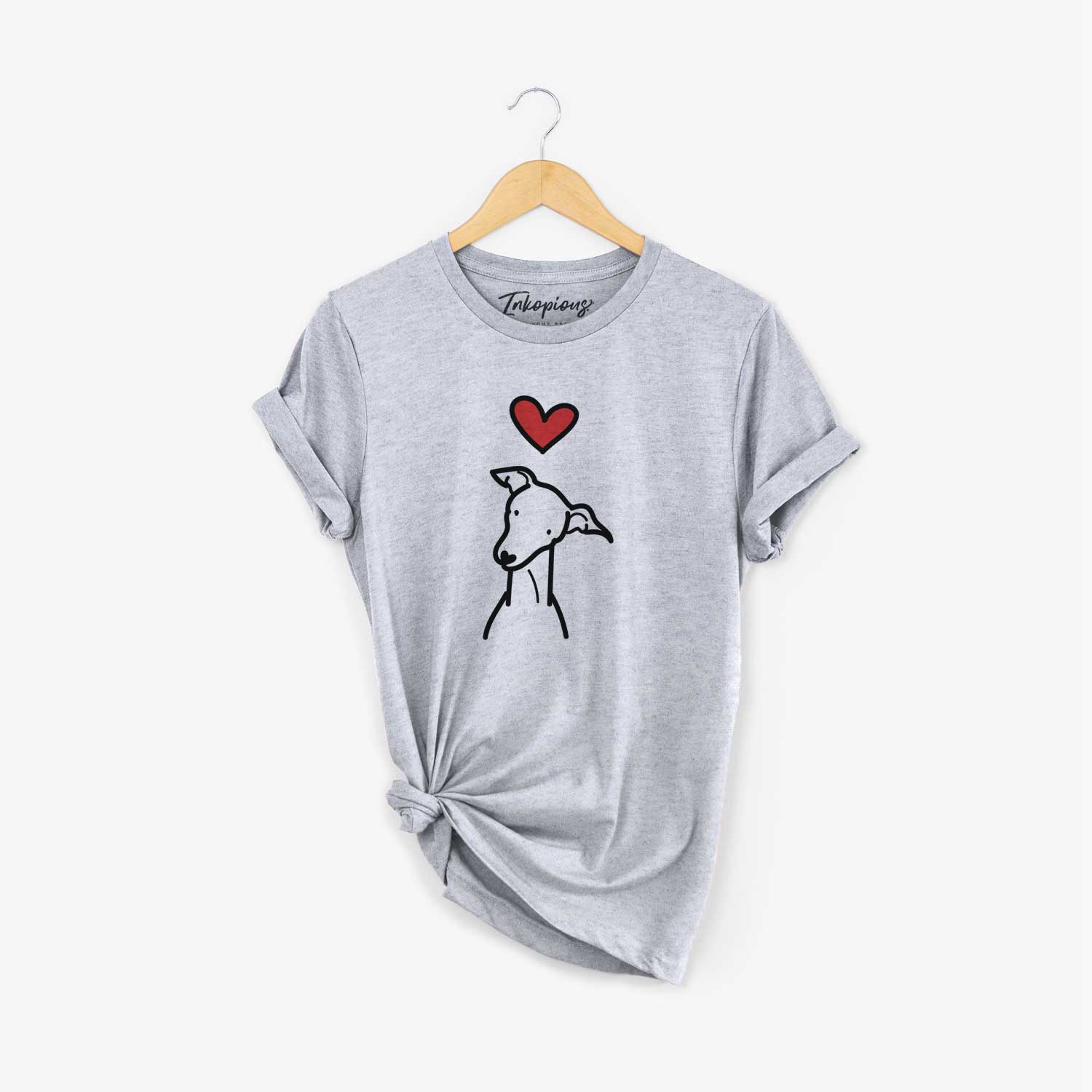 Minimalist line drawing of an Italian Greyhound with a red heart on an Unisex crewneck