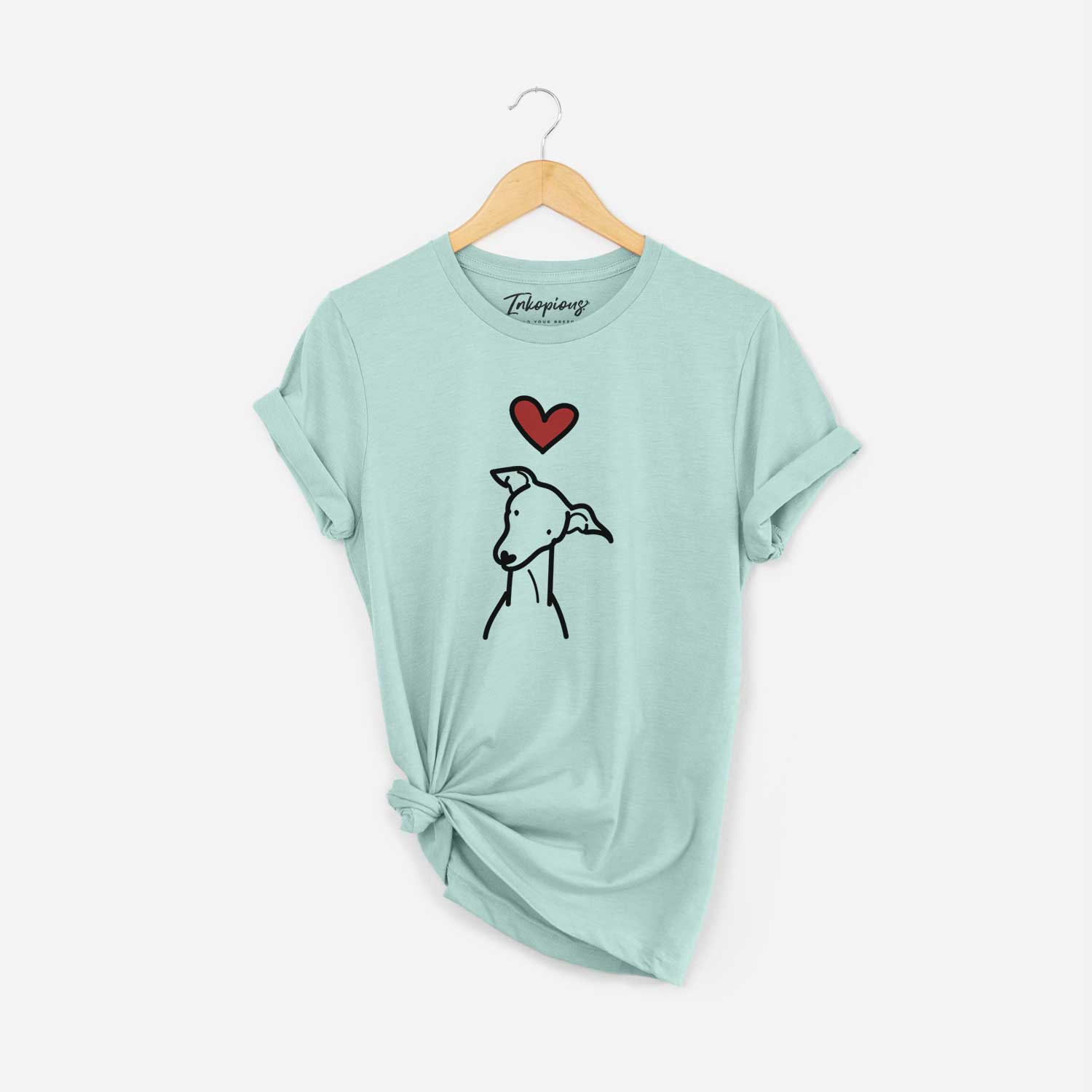 Minimalist line drawing of an Italian Greyhound with a red heart on a Heather Sage Unisex crewneck