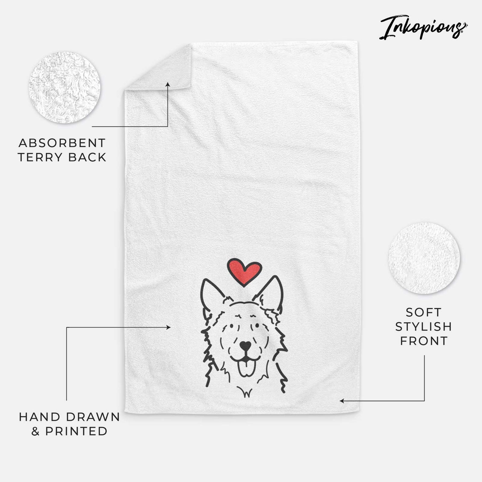 Minimalist line drawing of Jack the Mudi with a red heart on a decorative hand towel