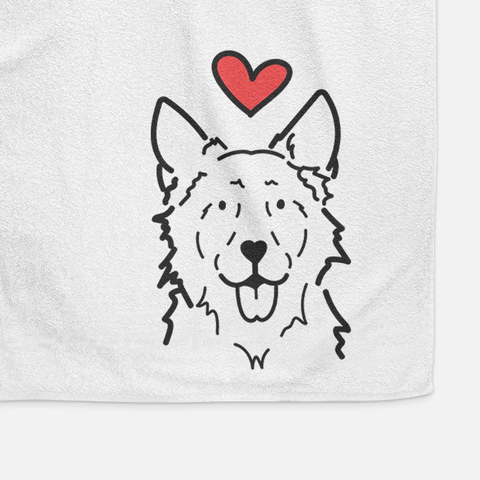 Minimalist line drawing of Jack the Mudi with a red heart on a decorative hand towel