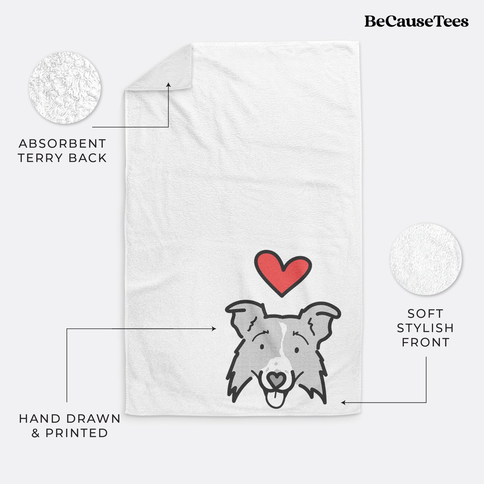 Minimalist line drawing of Jam the Border Collie 2.0 with a red heart on a decorative hand towel