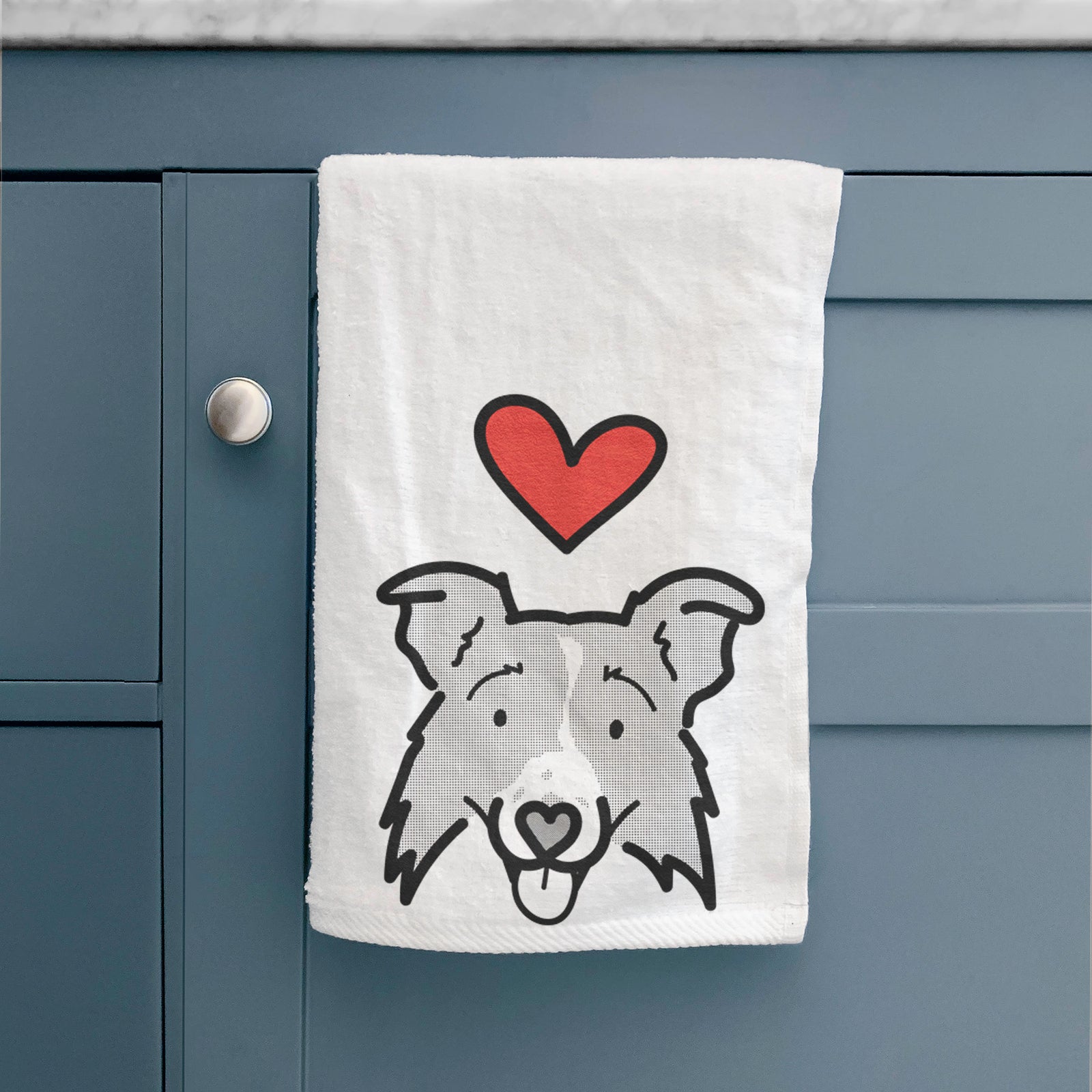 Minimalist line drawing of Jam the Border Collie 2.0 with a red heart on a decorative hand towel