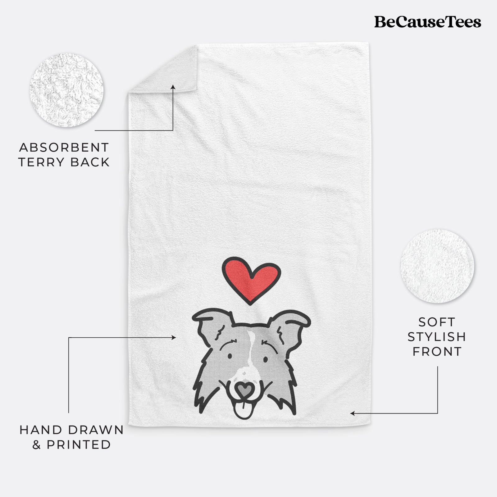 Minimalist line drawing of Jam the Border Collie 2.0 with a red heart on a decorative hand towel