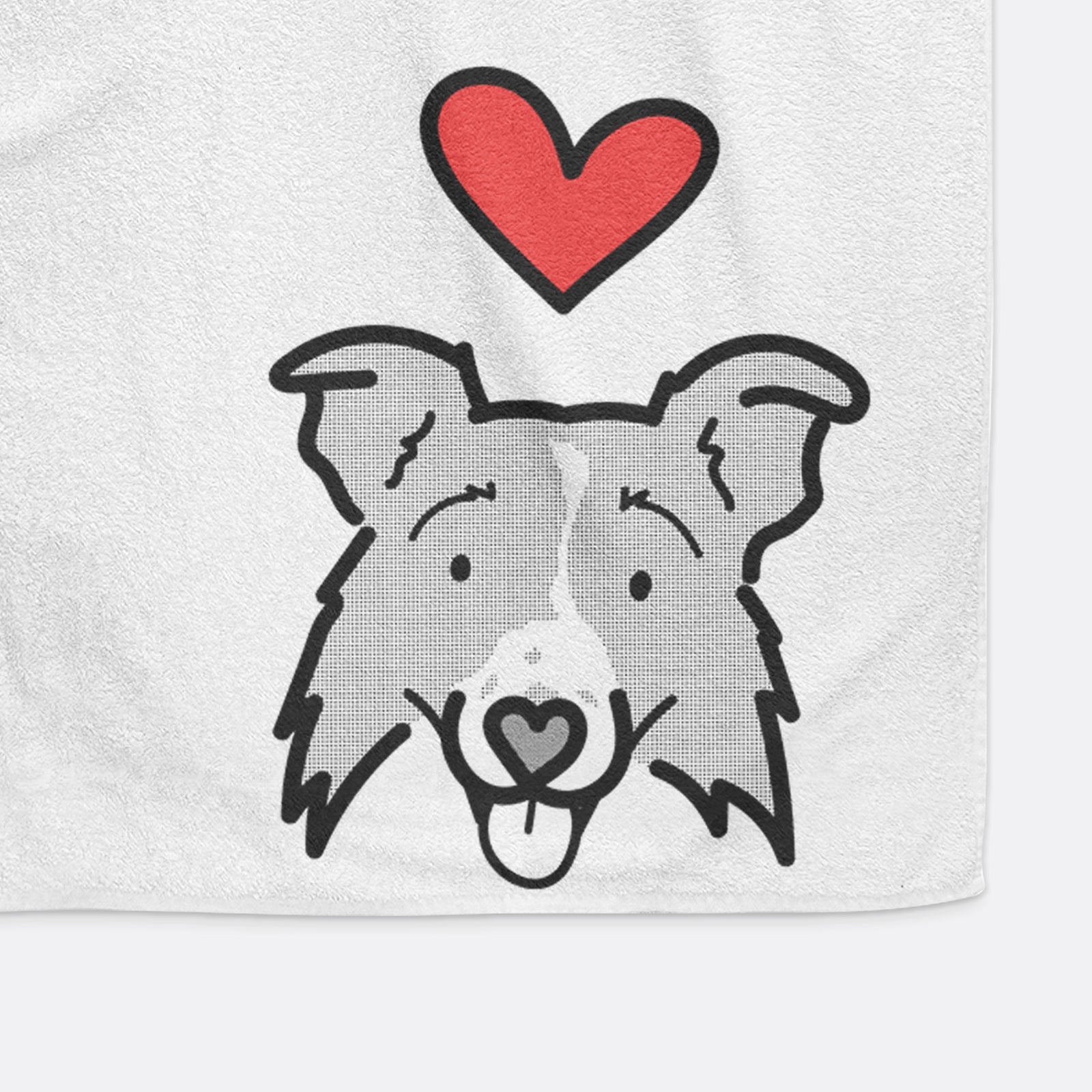 Minimalist line drawing of Jam the Border Collie 2.0 with a red heart on a decorative hand towel