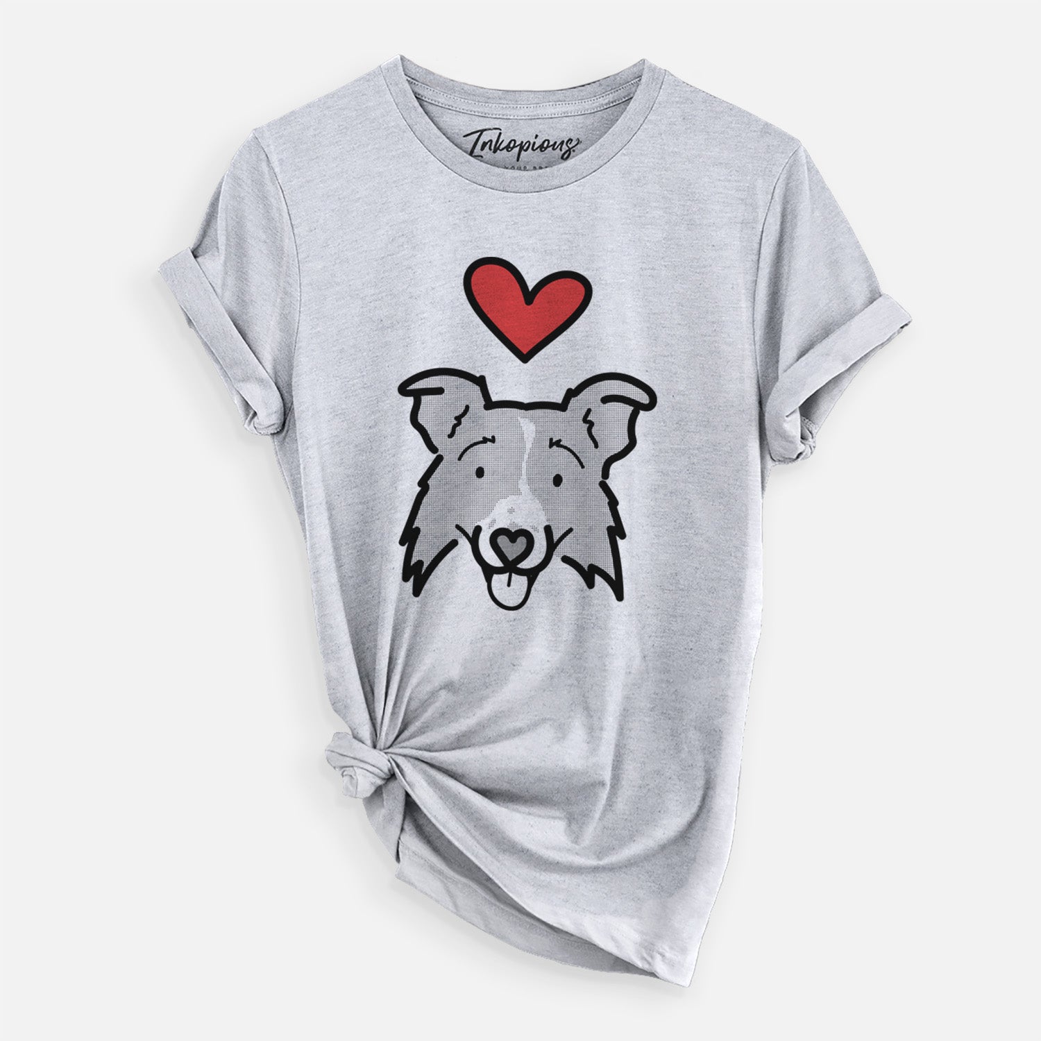 Minimalist line drawing of Jam the Border Collie 2.0 with a red heart on a Grey Unisex crewneck