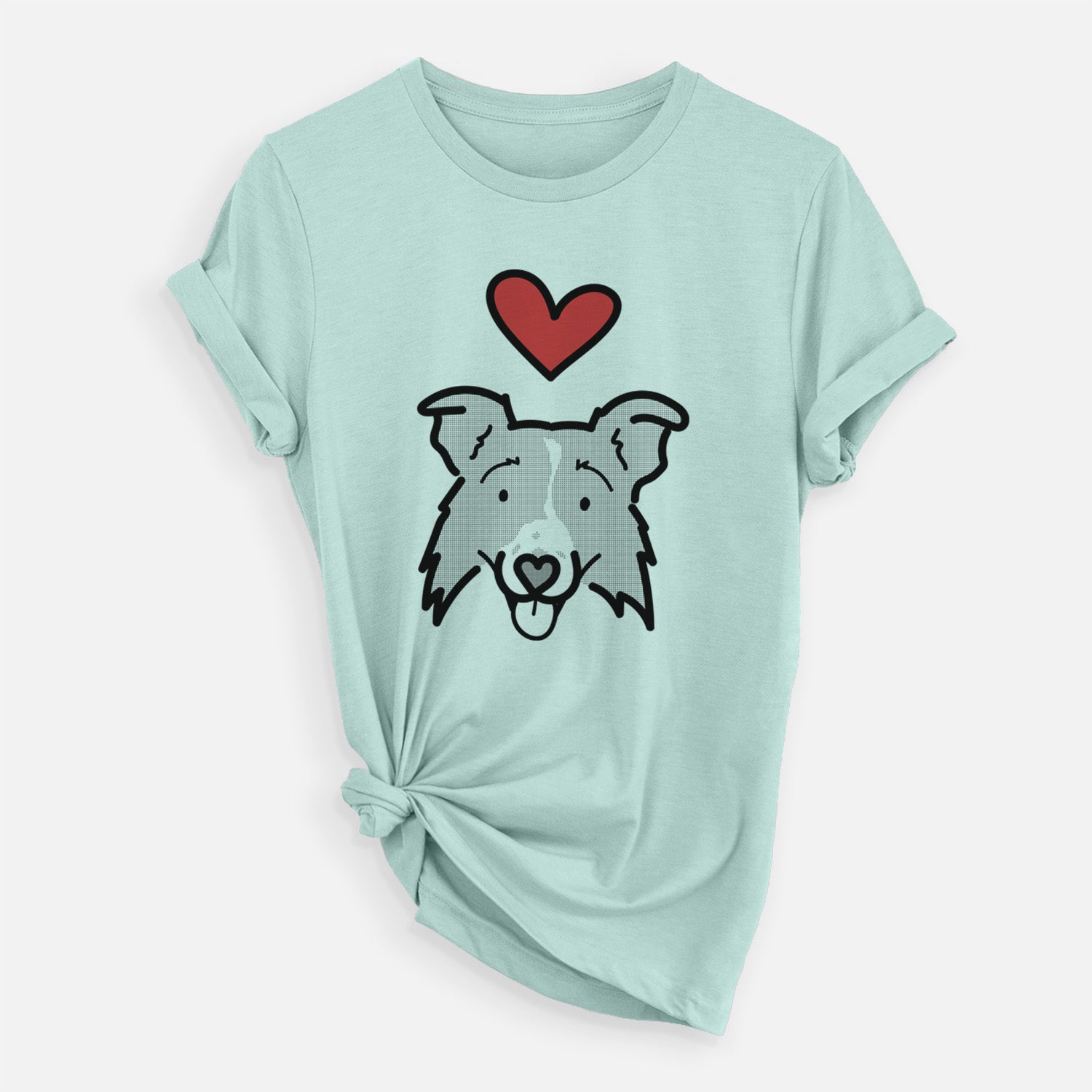 Minimalist line drawing of Jam the Border Collie 2.0 with a red heart on a Heather Sage Unisex crewneck
