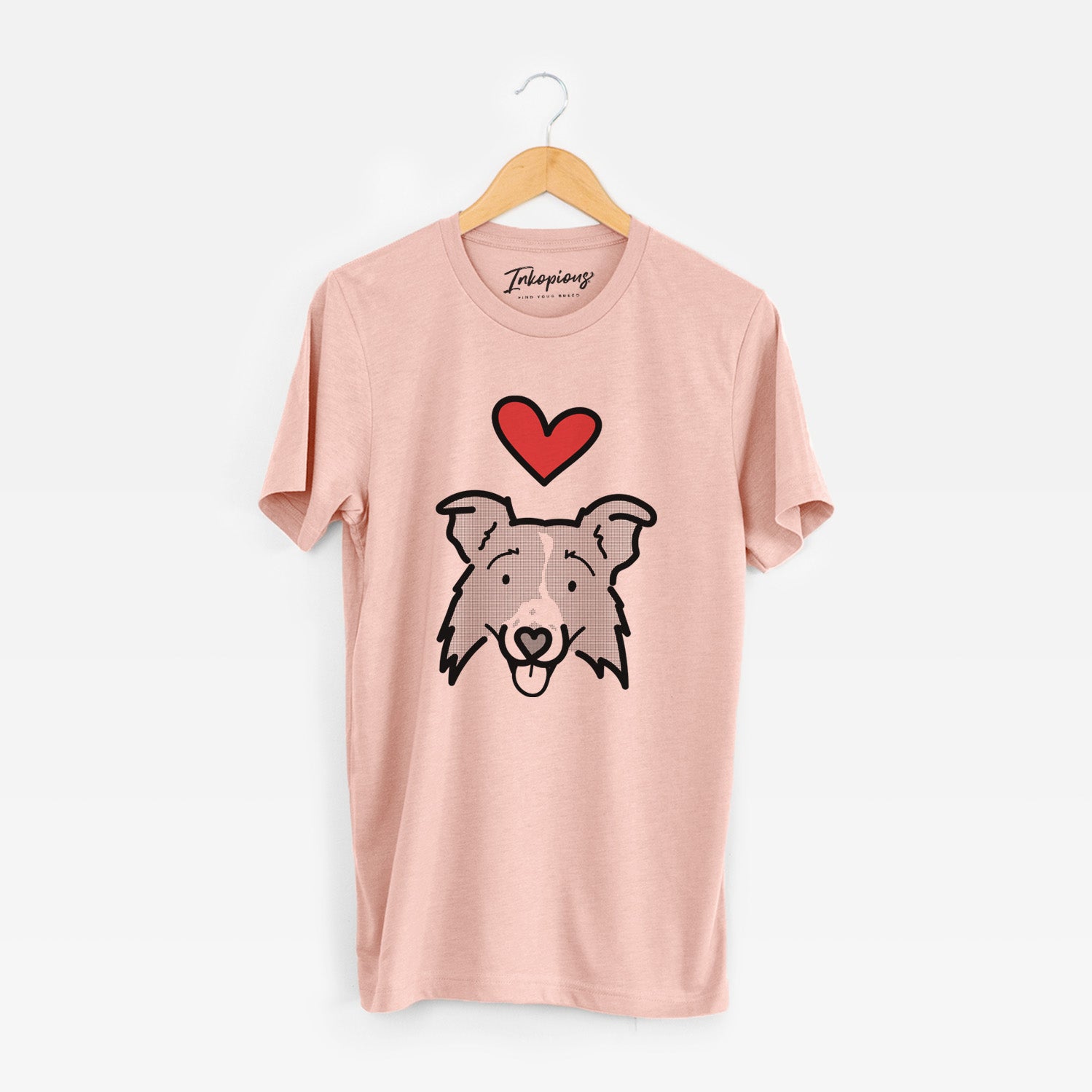 Minimalist line drawing of Jam the Border Collie 2.0 with a red heart on a Peach Unisex crewneck