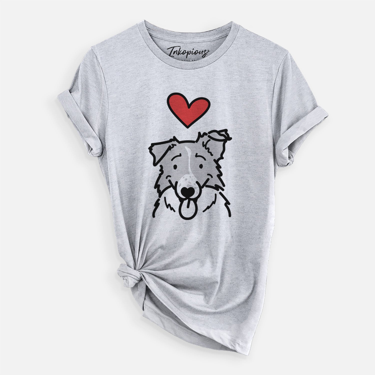 Minimalist line drawing of Jam the Border Collie with a red heart on a Grey Unisex crewneck