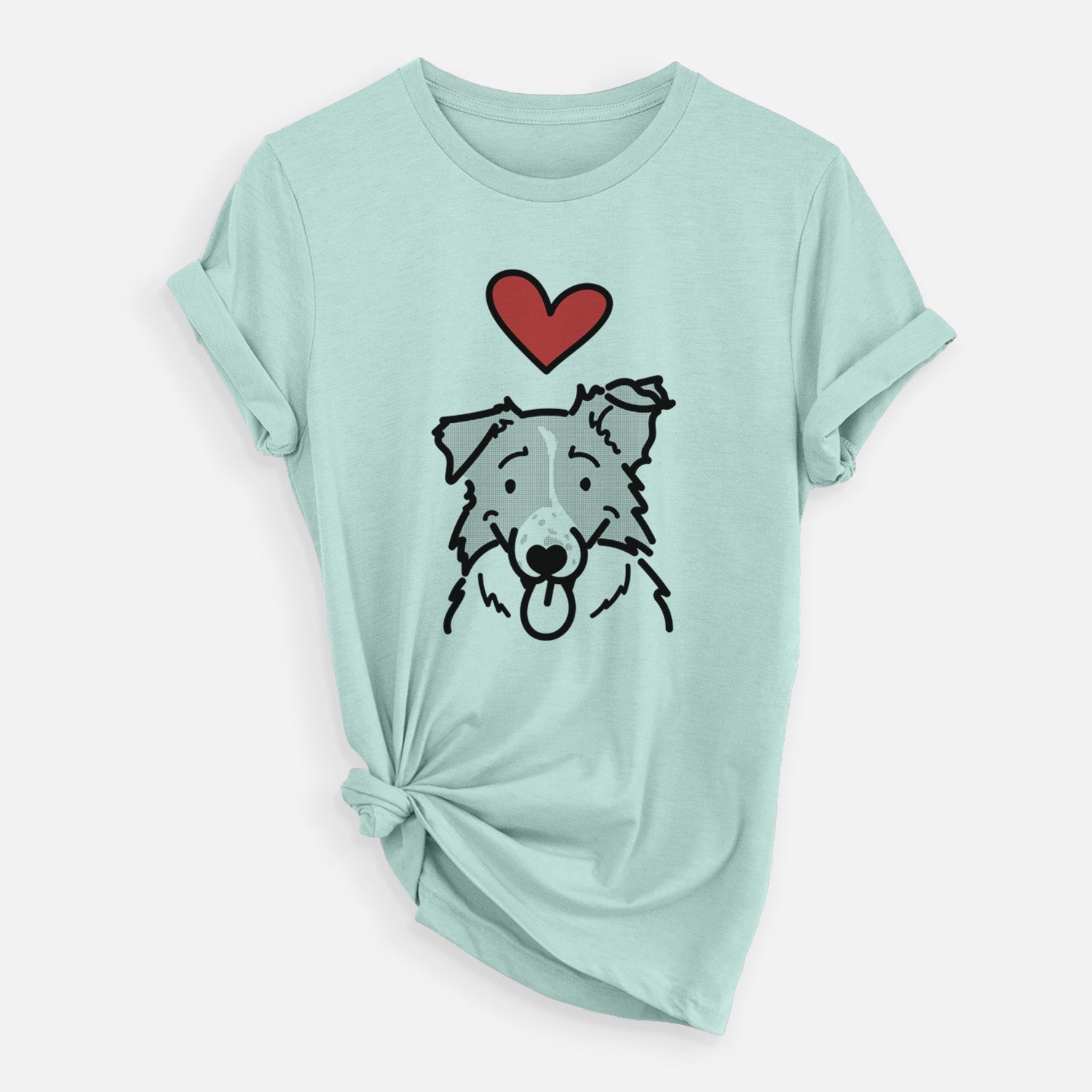 Minimalist line drawing of Jam the Border Collie with a red heart on a Heather Sage Unisex crewneck