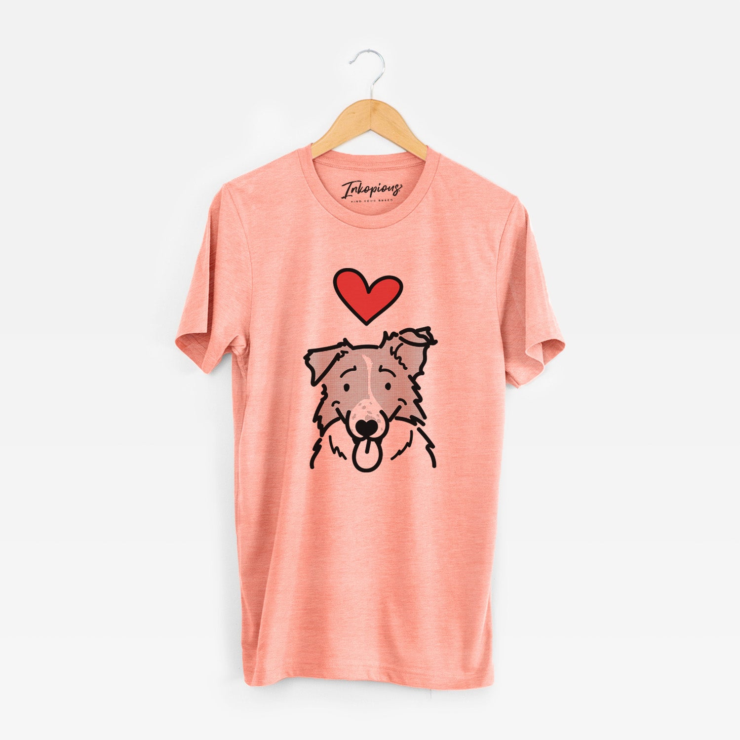 Minimalist line drawing of Jam the Border Collie with a red heart on a Sunset Unisex crewneck