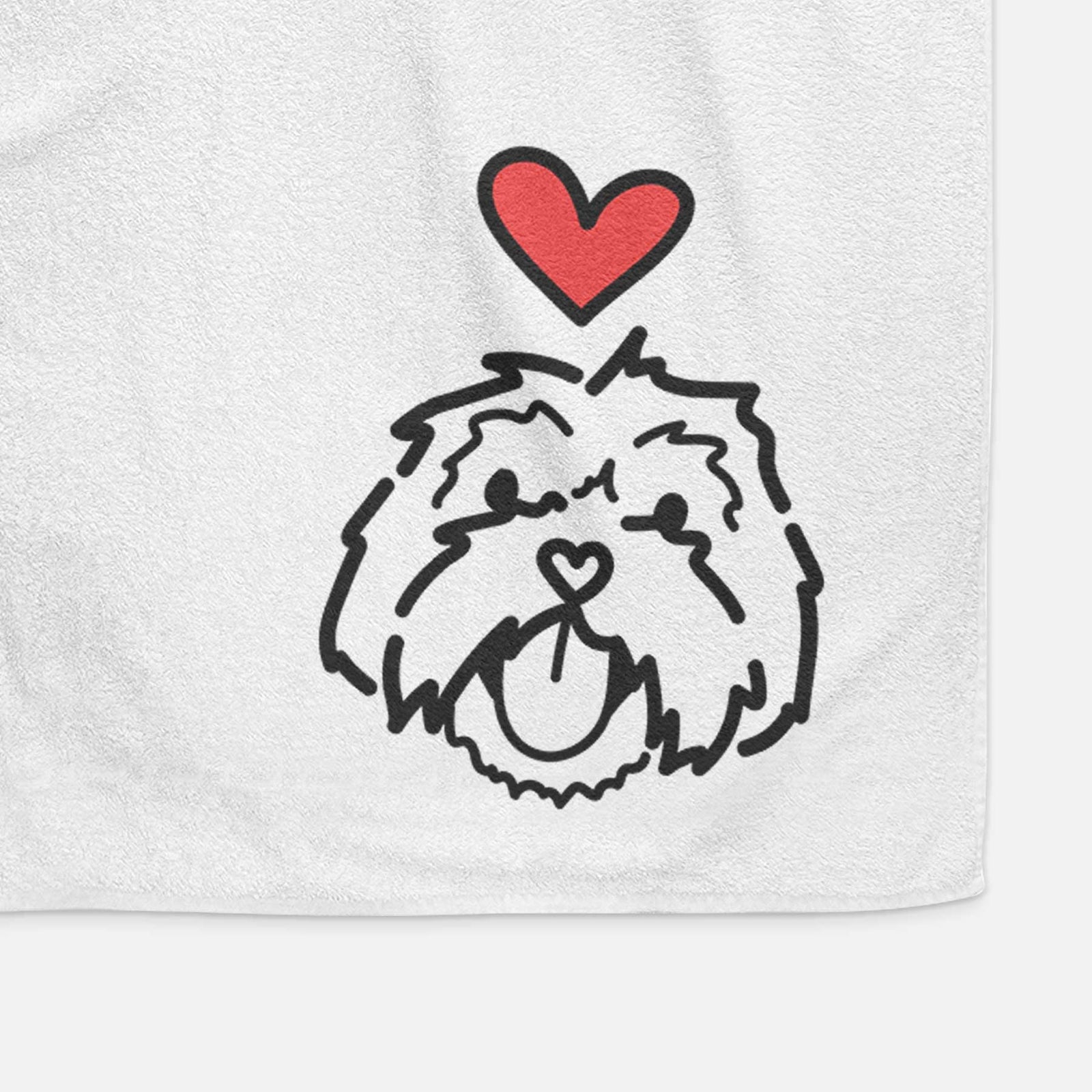 Minimalist line drawing of Keia the Lhasa Apso with a red heart on a decorative hand towel