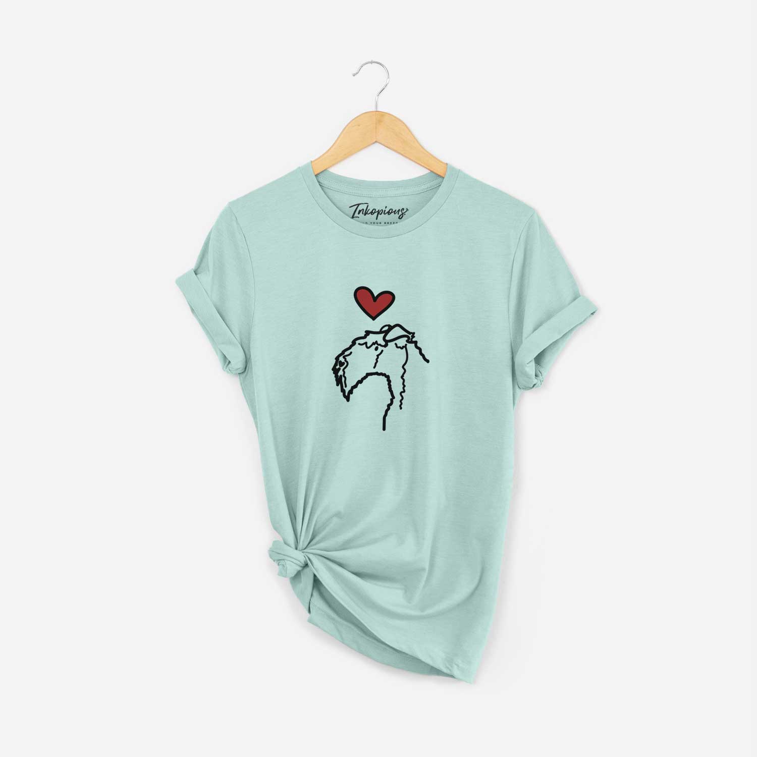 Minimalist line drawing of a Kerry Blue Terrier with a red heart on a Heather Sage Unisex crewneck