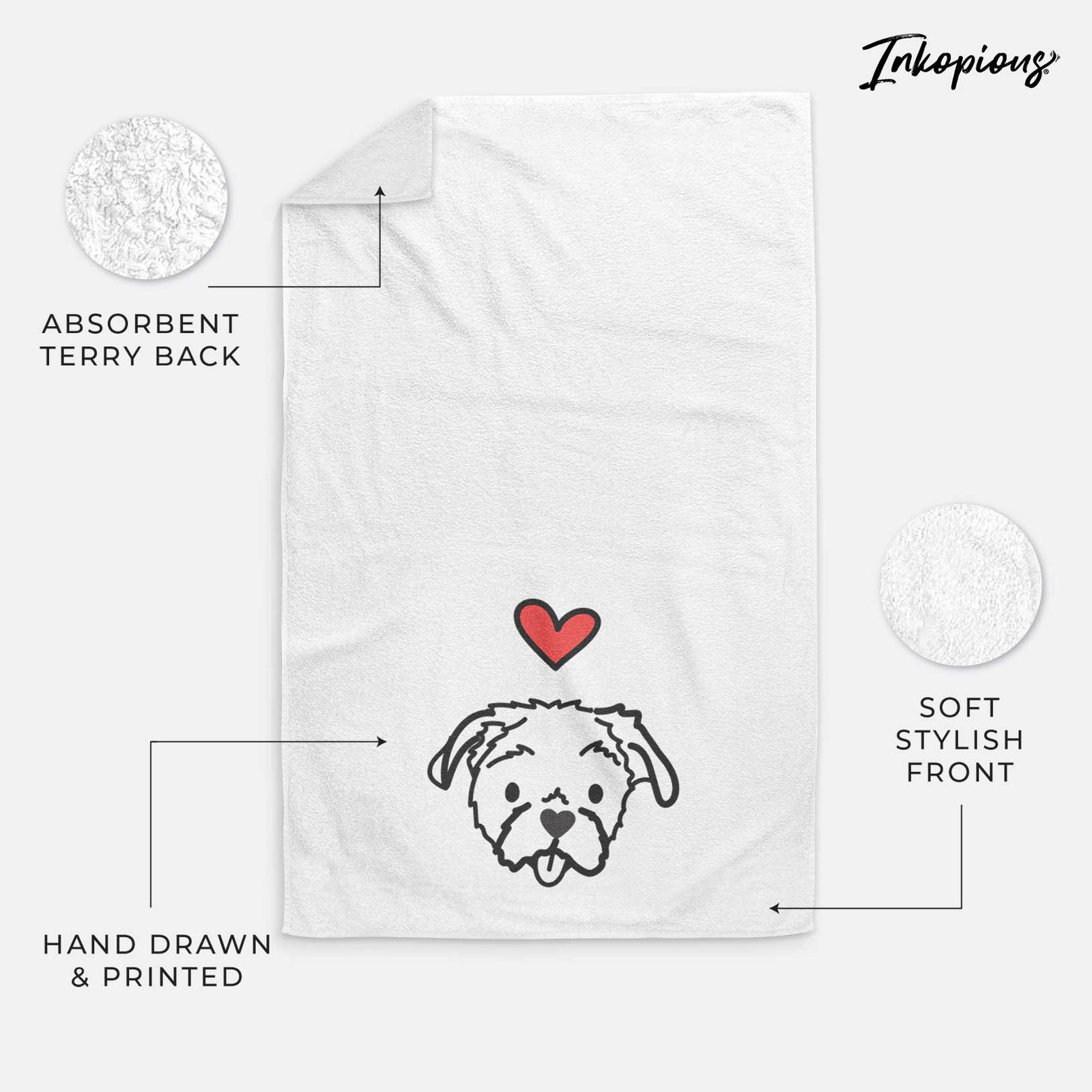 Minimalist line drawing of Koko the Shih Tzu with a red heart on a decorative hand towel