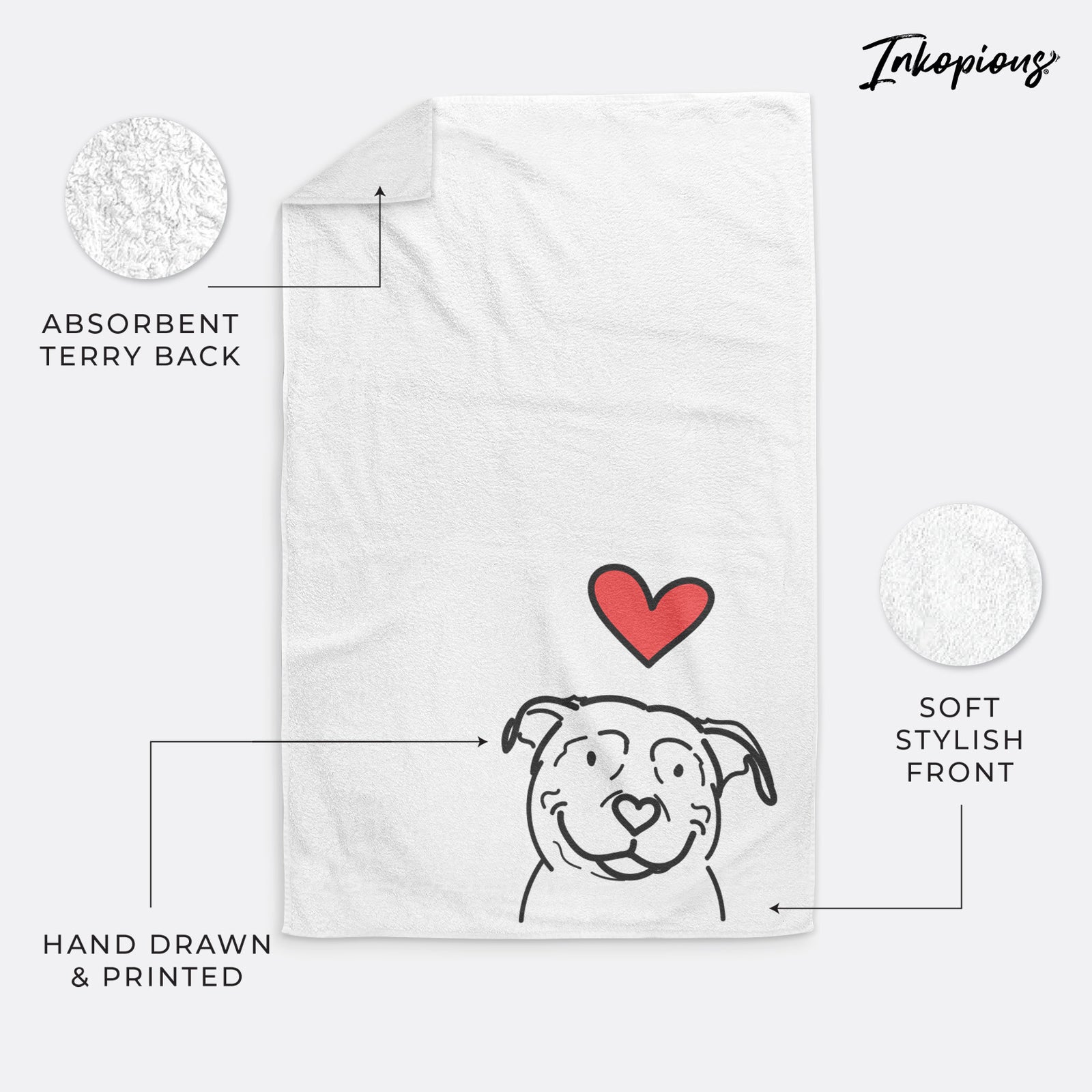 Minimalist line drawing of Lady the American Pitbull Terrier with a red heart on a decorative hand towel