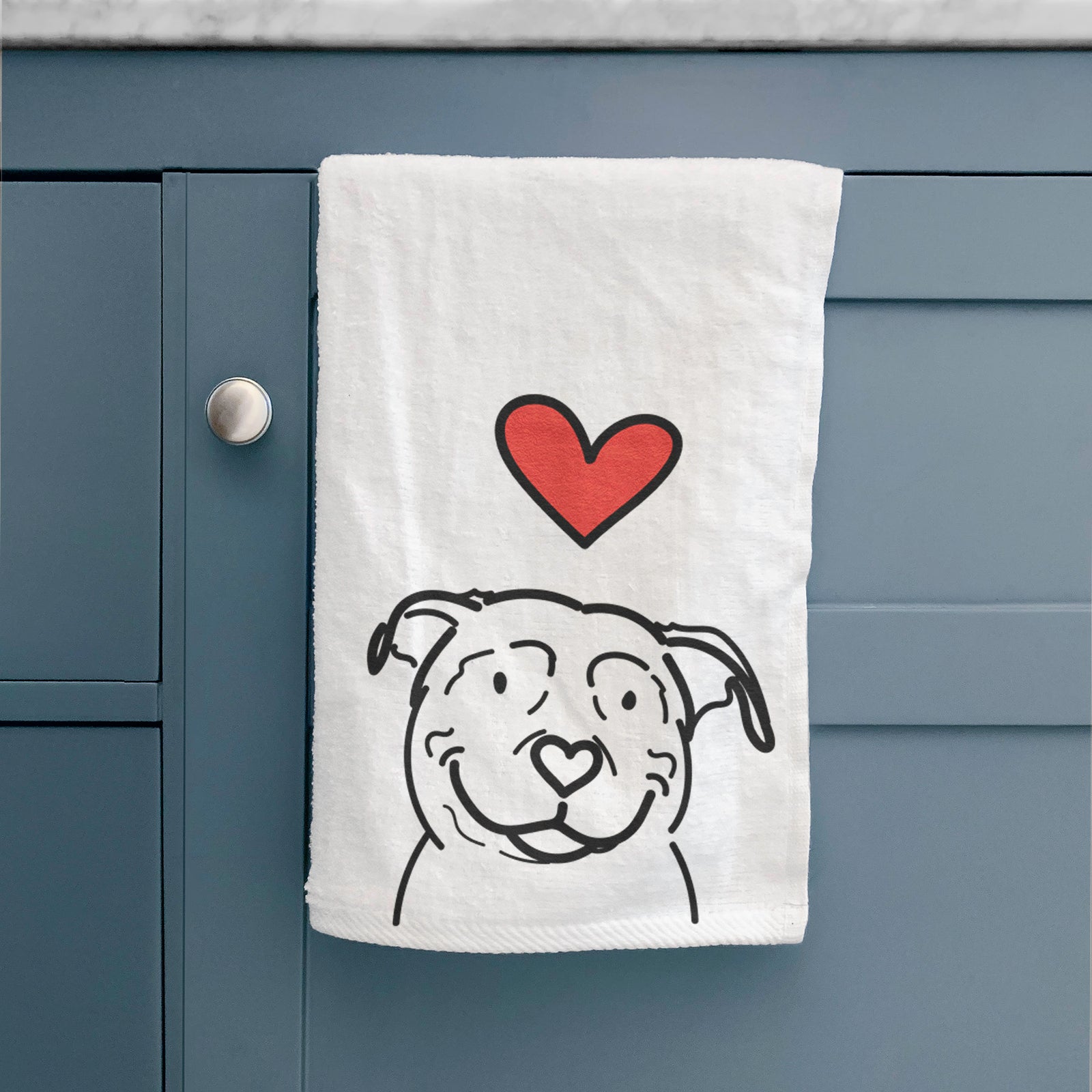 Minimalist line drawing of Lady the American Pitbull Terrier with a red heart on a decorative hand towel
