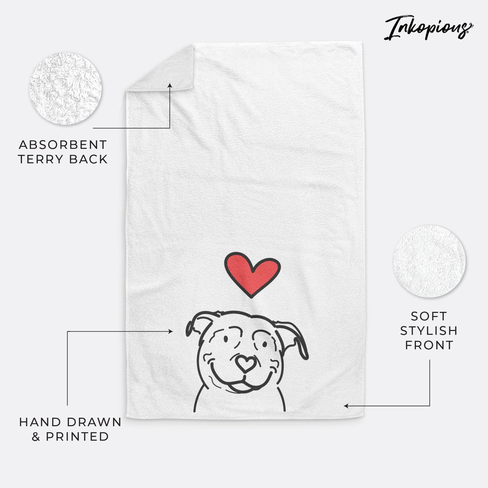 Minimalist line drawing of Lady the American Pitbull Terrier with a red heart on a decorative hand towel