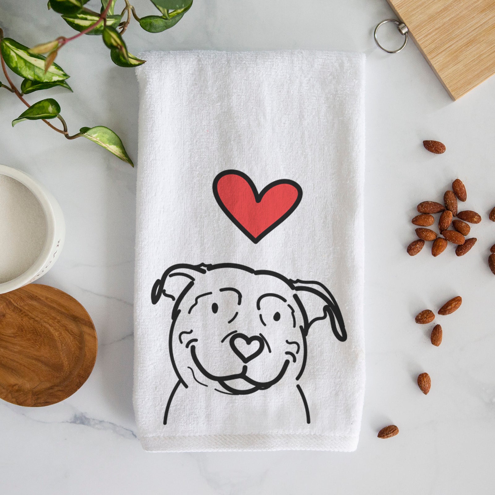 Minimalist line drawing of Lady the American Pitbull Terrier with a red heart on a decorative hand towel