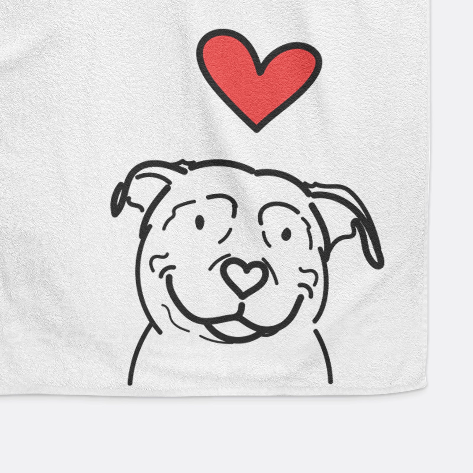 Minimalist line drawing of Lady the American Pitbull Terrier with a red heart on a decorative hand towel