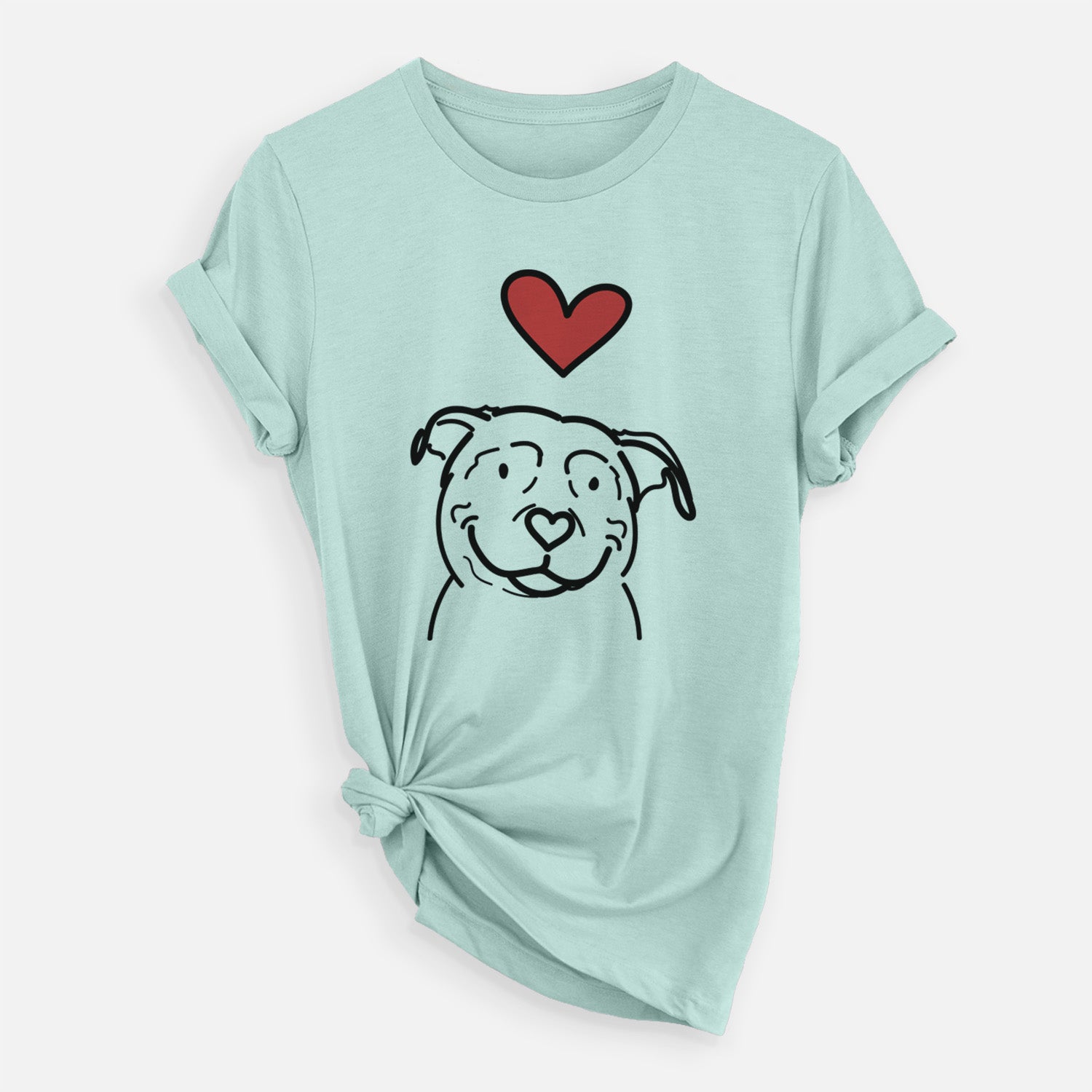 Minimalist line drawing of Lady the American Pitbull Terrier with a red heart on a Heather Sage Unisex crewneck