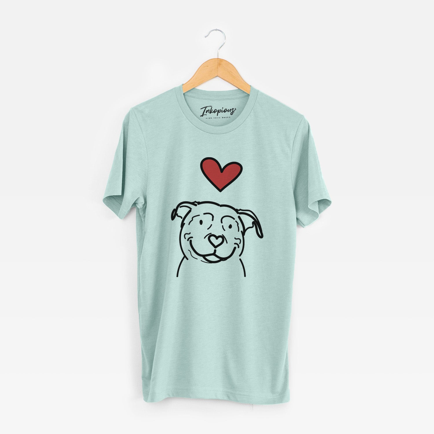 Minimalist line drawing of Lady the American Pitbull Terrier with a red heart on a Heather Sage Unisex crewneck