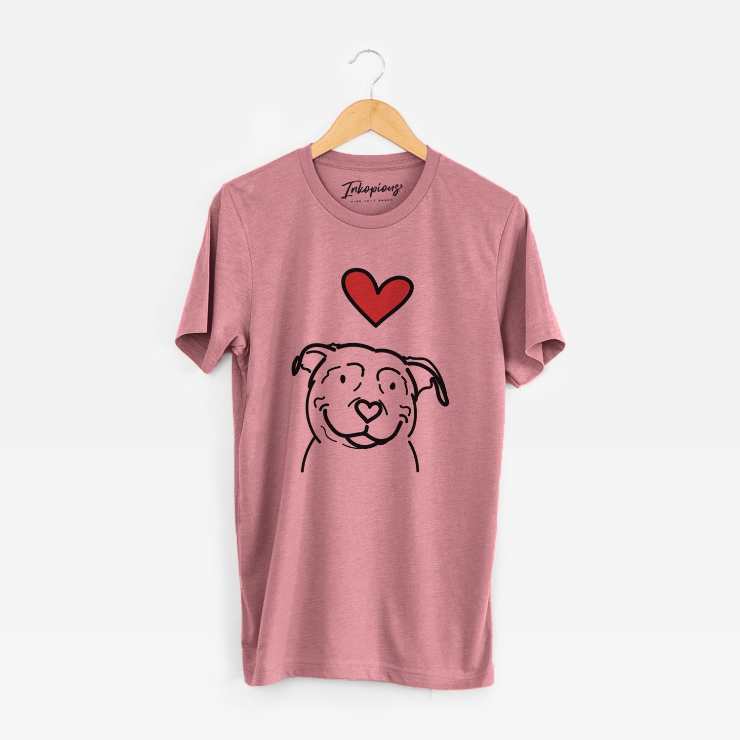 Minimalist line drawing of Lady the American Pitbull Terrier with a red heart on a Mauve Unisex crewneck