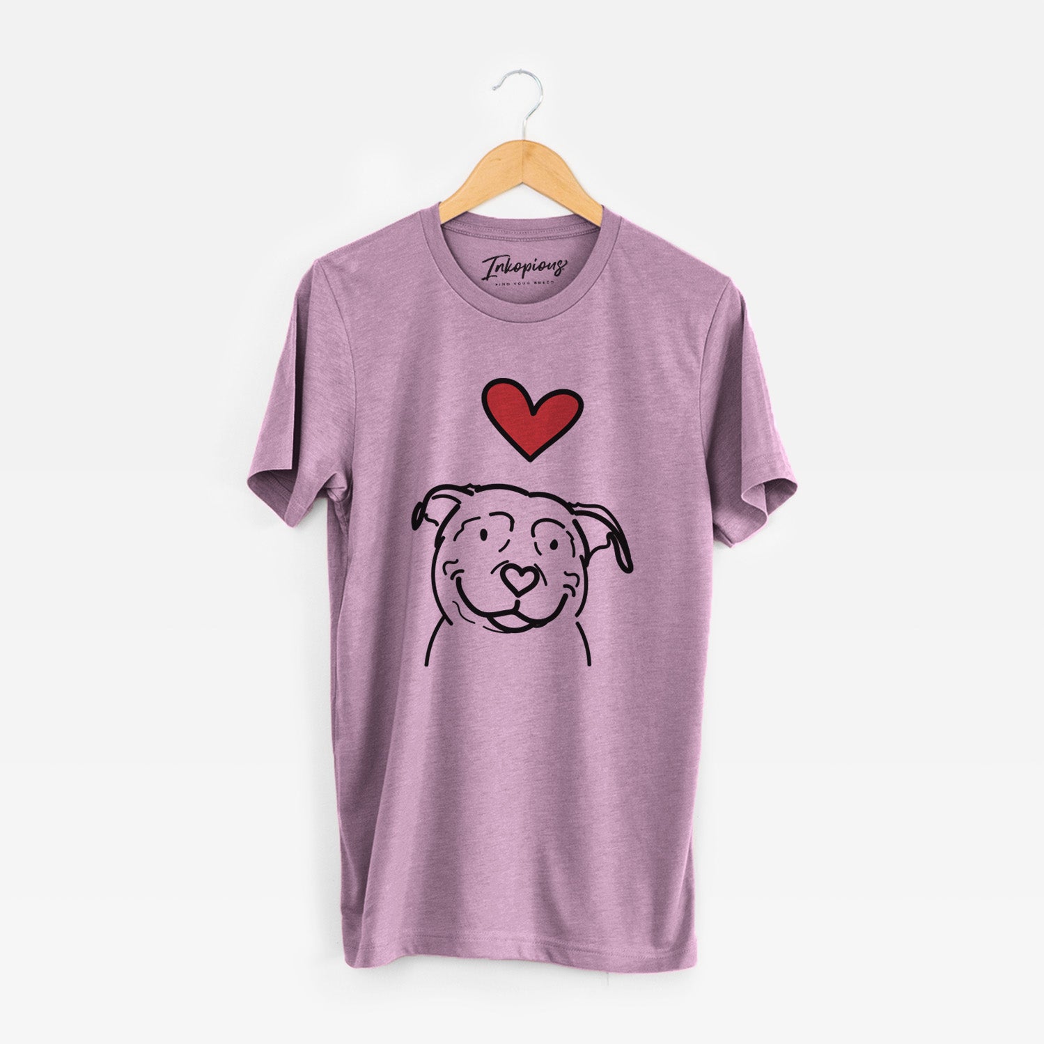 Minimalist line drawing of Lady the American Pitbull Terrier with a red heart on an Orchid Unisex crewneck