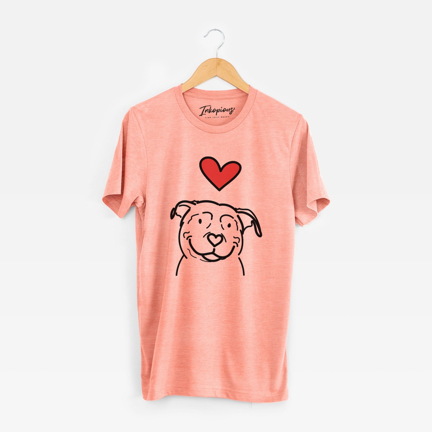Minimalist line drawing of Lady the American Pitbull Terrier with a red heart on a Sunset Unisex crewneck