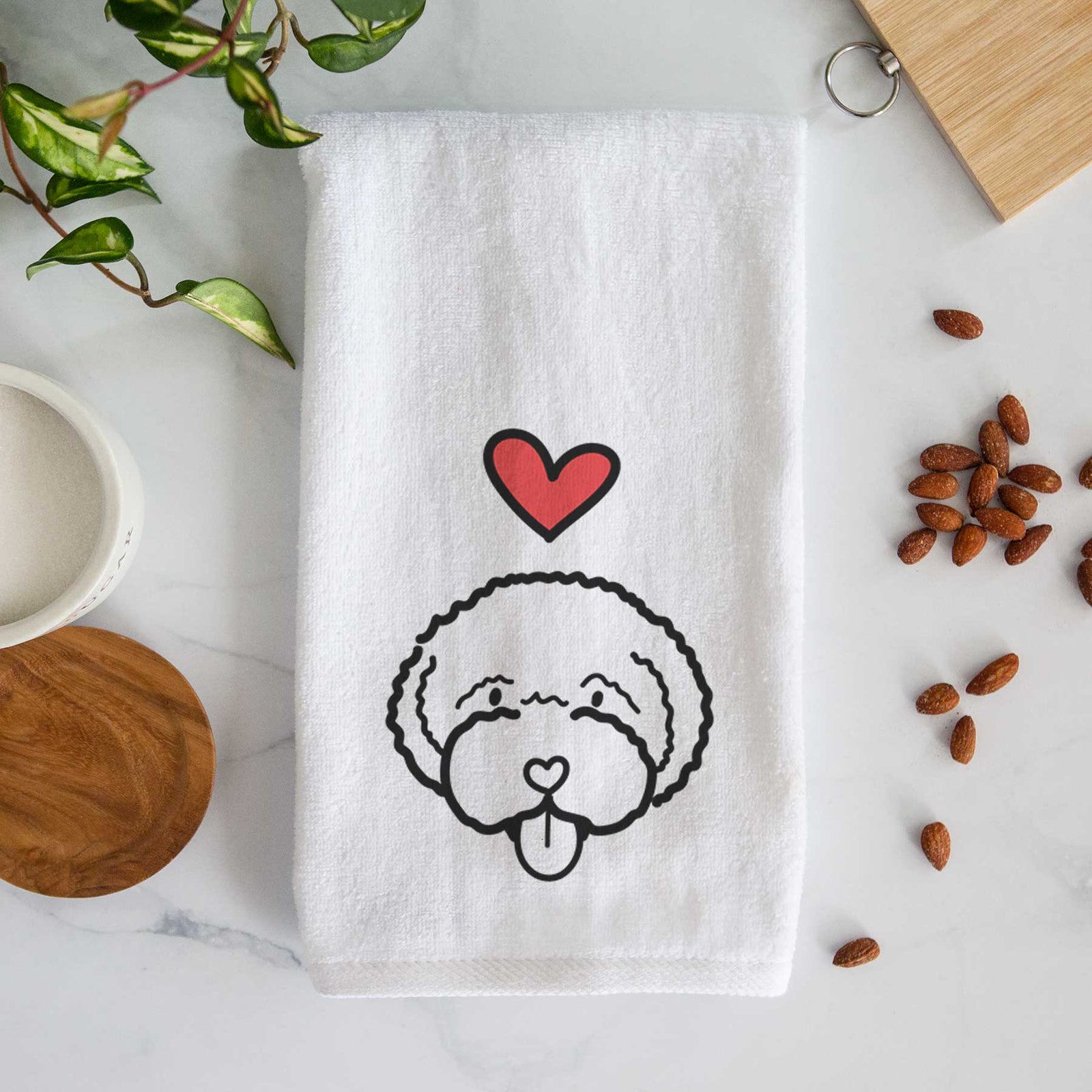 Minimalist line drawing of a Lagotta Romagnolo with a red heart on a decorative hand towel