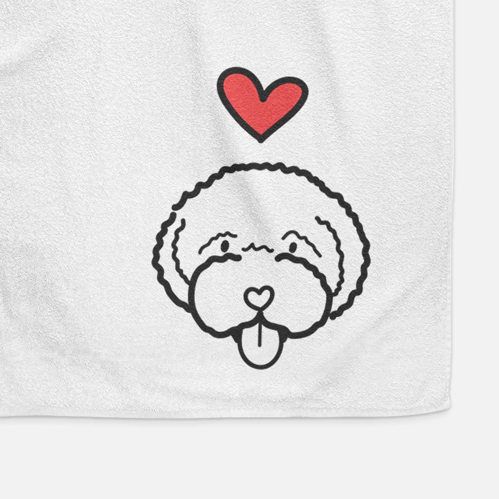 Minimalist line drawing of a Lagotta Romagnolo with a red heart on a decorative hand towel