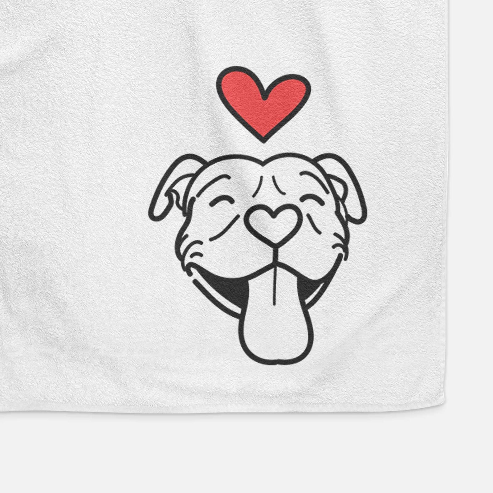 Minimalist line drawing of Louie the Pitbull with a red heart on a decorative hand towel