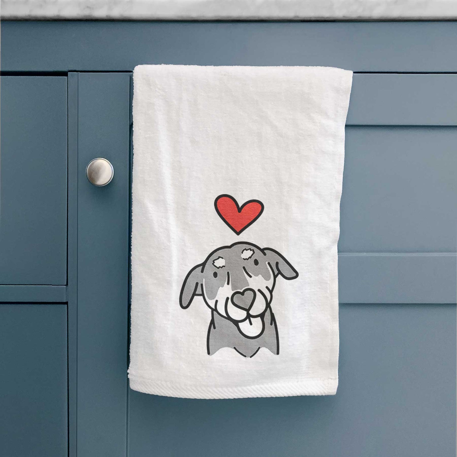 Minimalist line drawing of Lousia the Mixed Breed with a red heart on a decorative hand towel