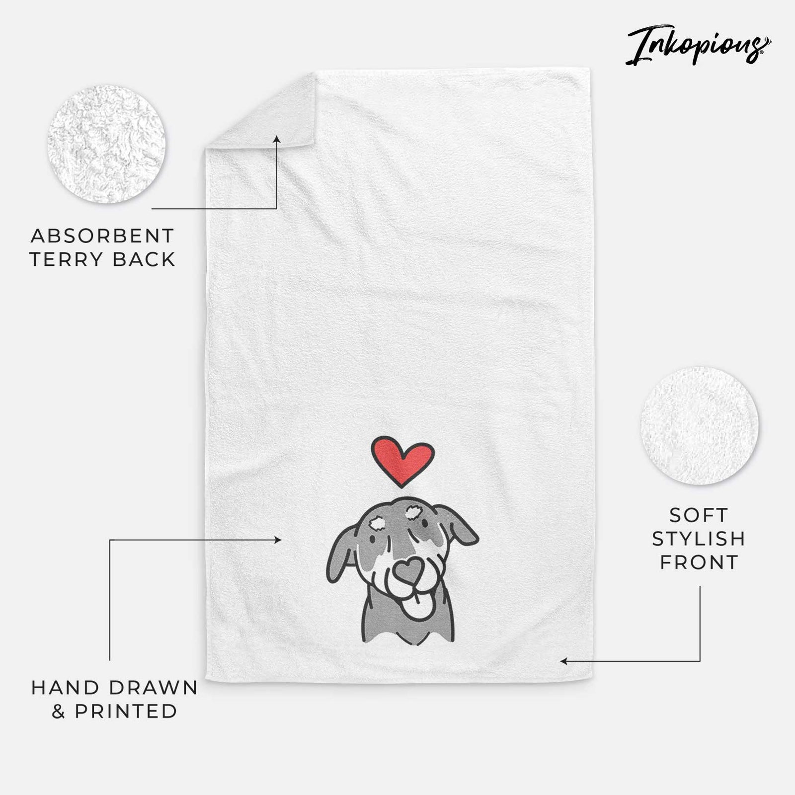 Minimalist line drawing of Lousia the Mixed Breed with a red heart on a decorative hand towel