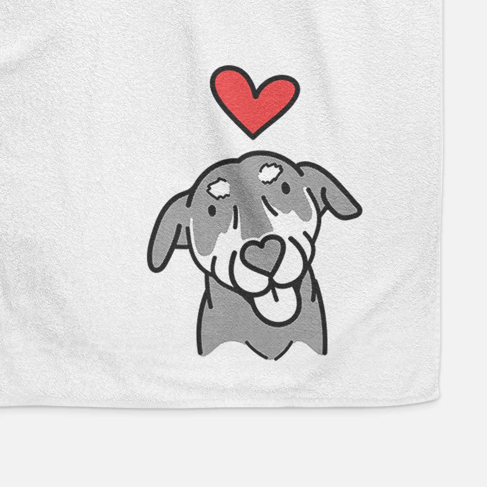 Minimalist line drawing of Lousia the Mixed Breed with a red heart on a decorative hand towel