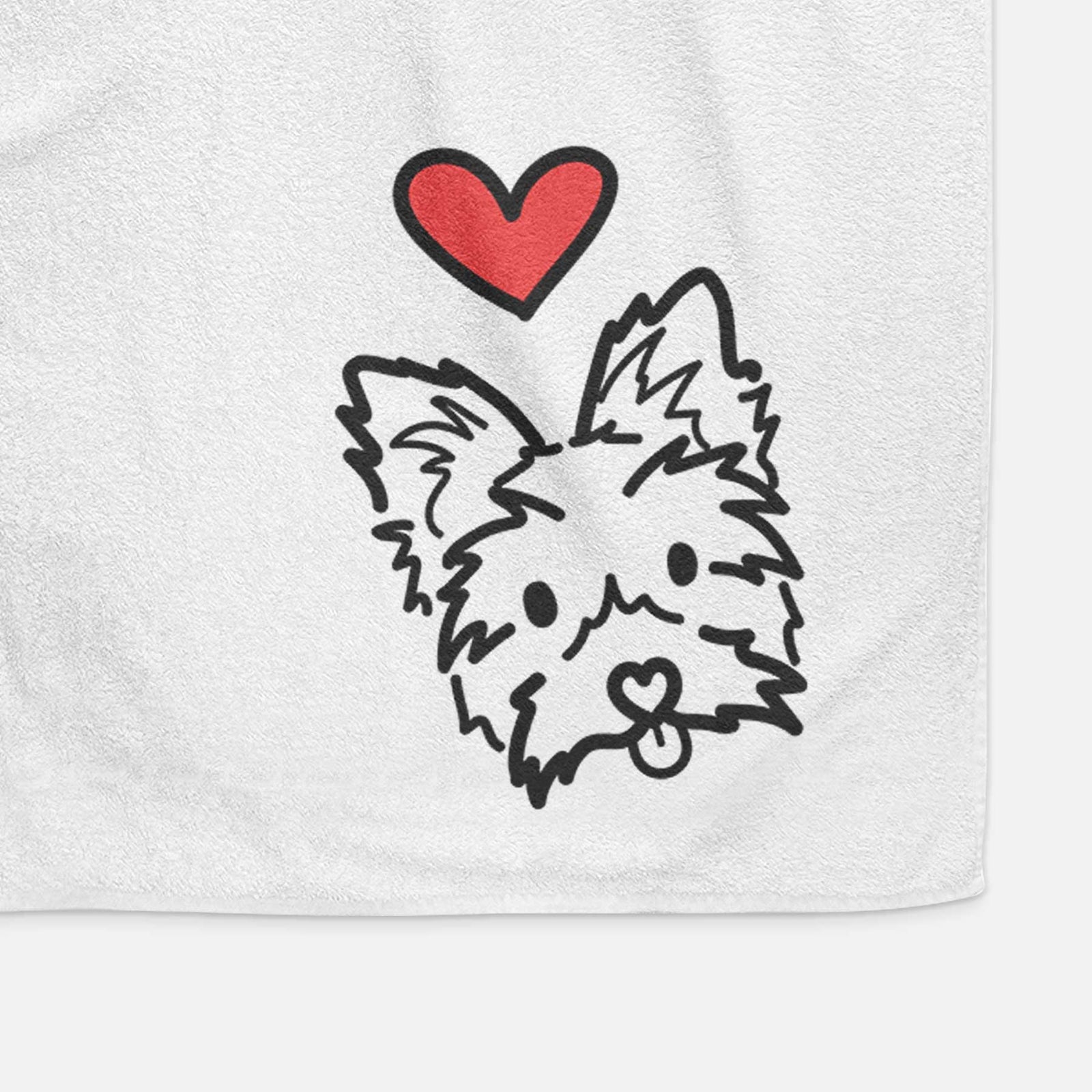 Minimalist line drawing of Luna the Yorkshire Terrier with a red heart on a decorative hand towel