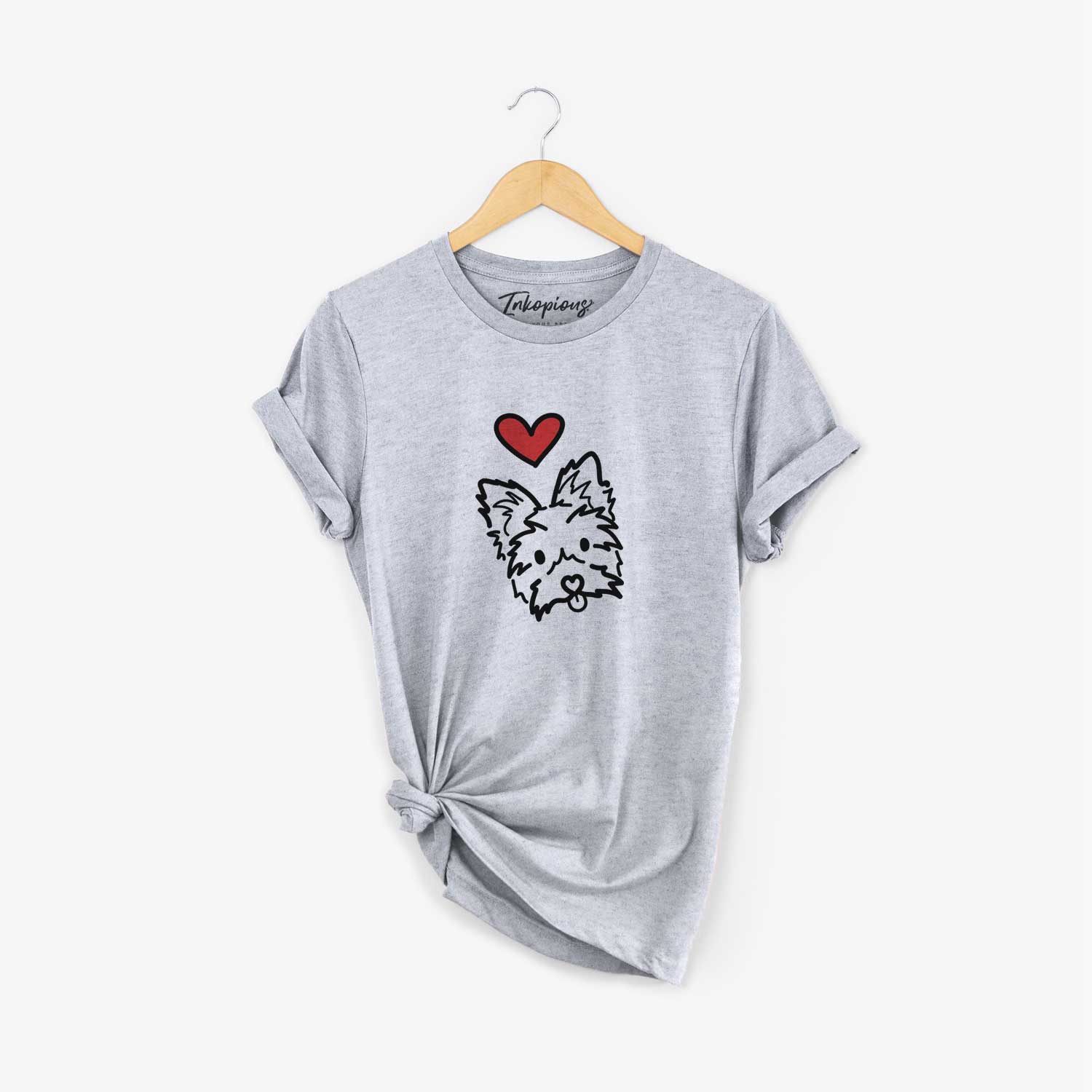 Minimalist line drawing of Luna the Yorkshire Terrier with a red heart on a Grey Unisex crewneck