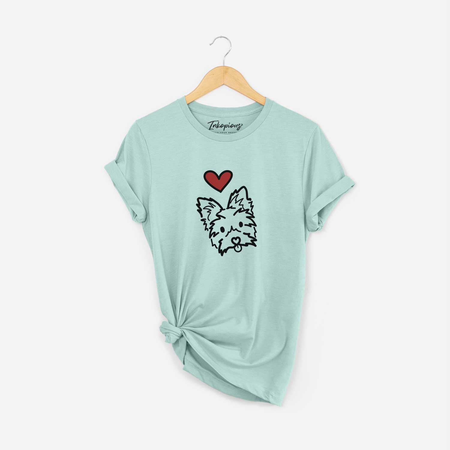 Minimalist line drawing of Luna the Yorkshire Terrier with a red heart on a Heather Sage Unisex crewneck