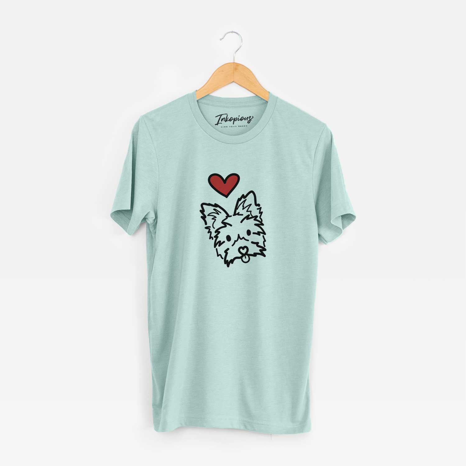 Minimalist line drawing of Luna the Yorkshire Terrier with a red heart on a Heather Sage Unisex crewneck