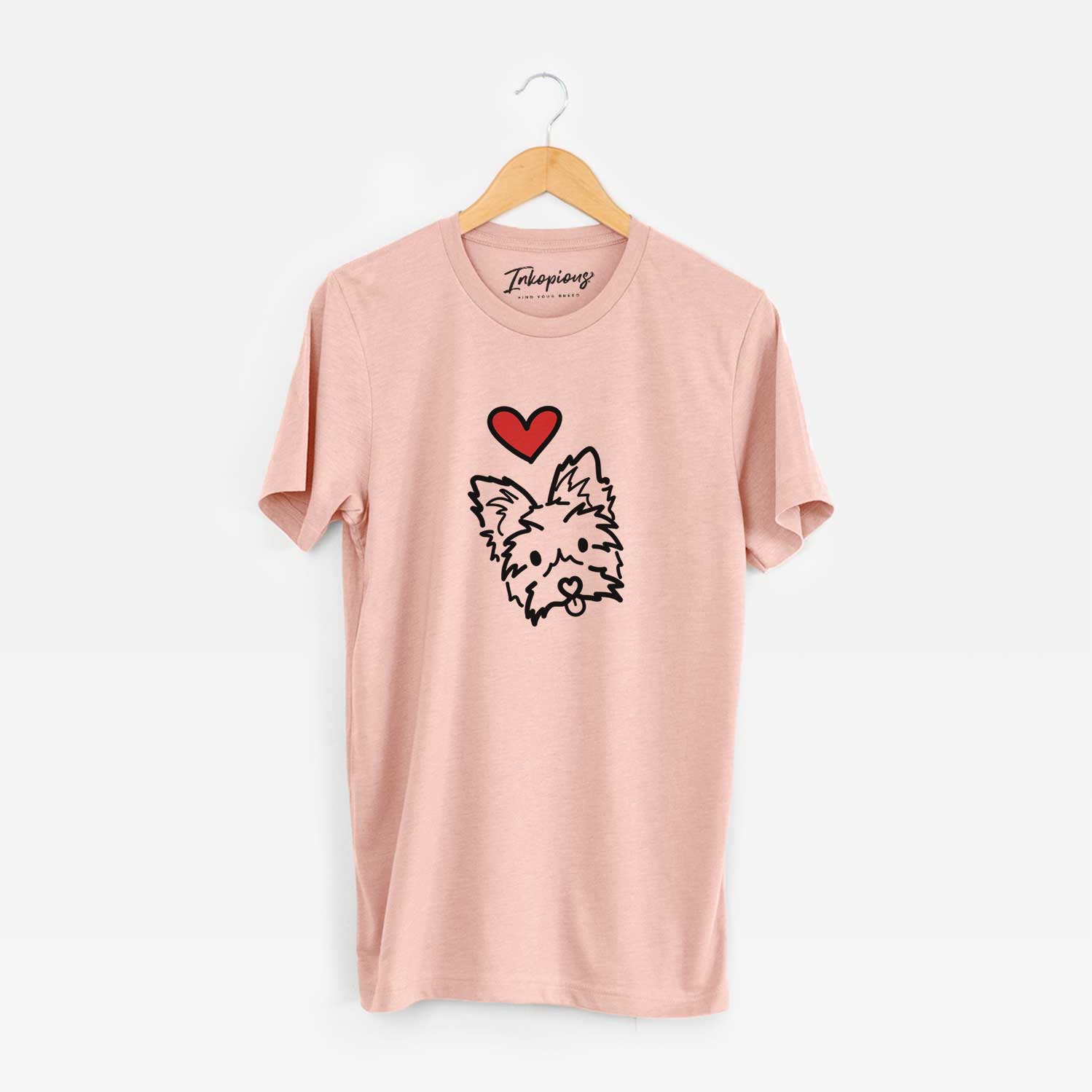 Minimalist line drawing of Luna the Yorkshire Terrier with a red heart on a Peach Unisex crewneck