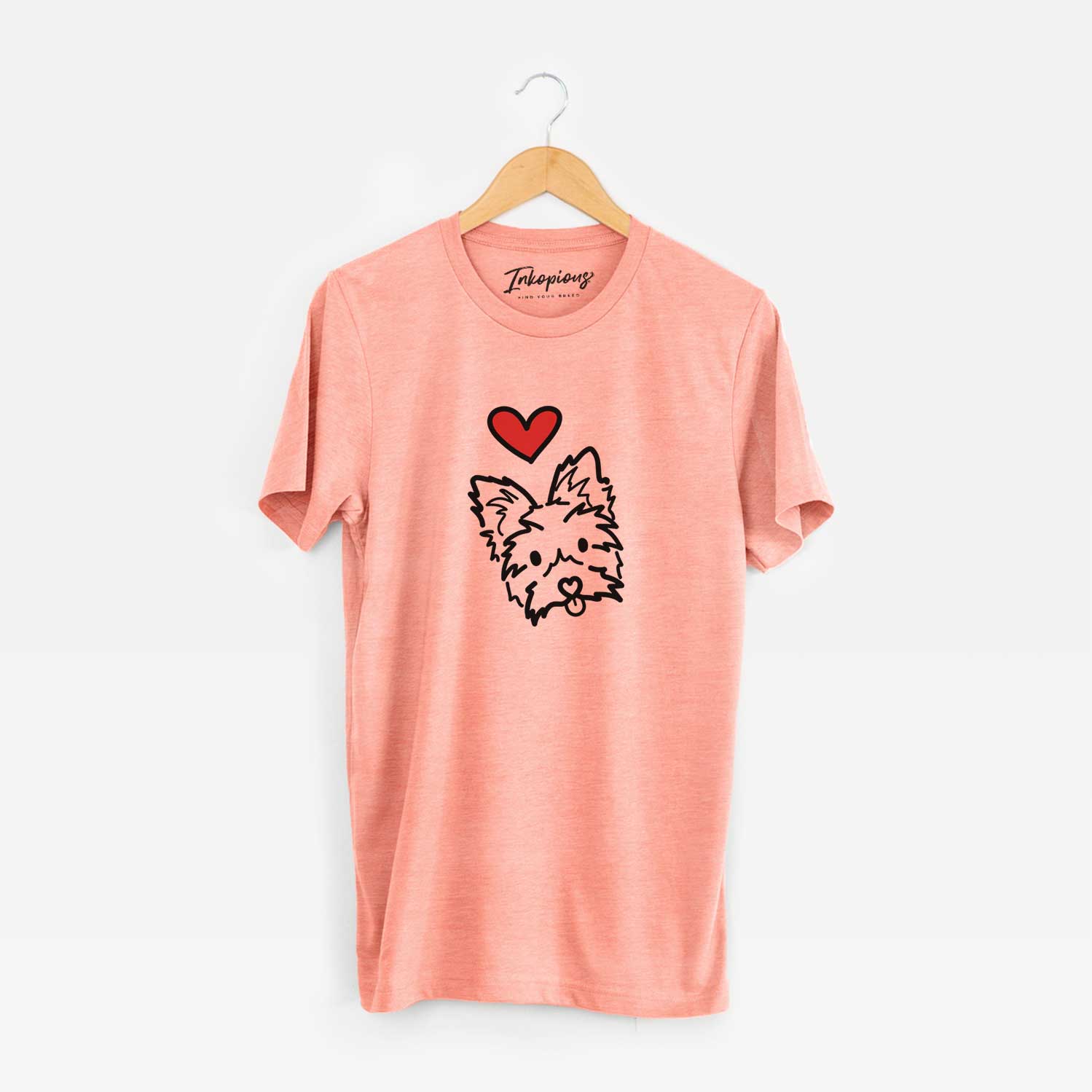 Minimalist line drawing of Luna the Yorkshire Terrier with a red heart on a Sunset Unisex crewneck