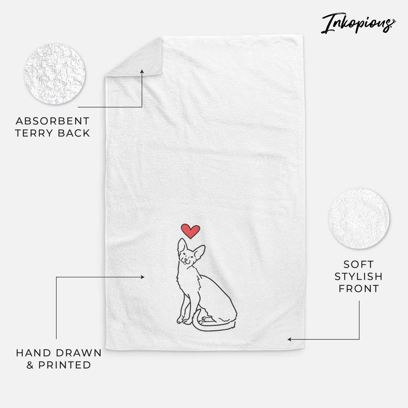 Minimalist line drawing of Lyra the Oriental Shorthair Cat with a red heart on a decorative hand towel