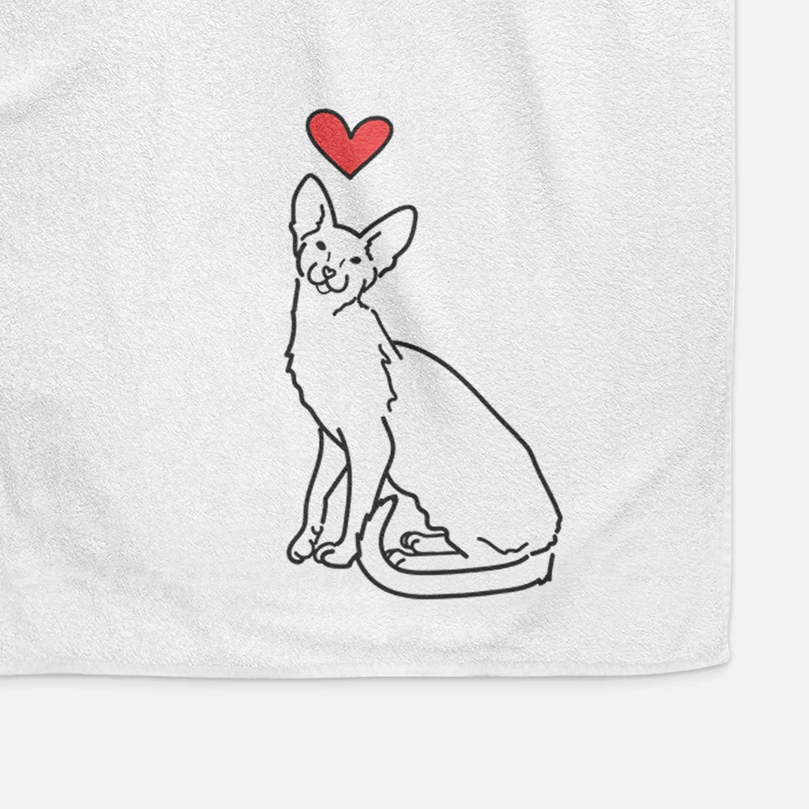 Minimalist line drawing of Lyra the Oriental Shorthair Cat with a red heart on a decorative hand towel