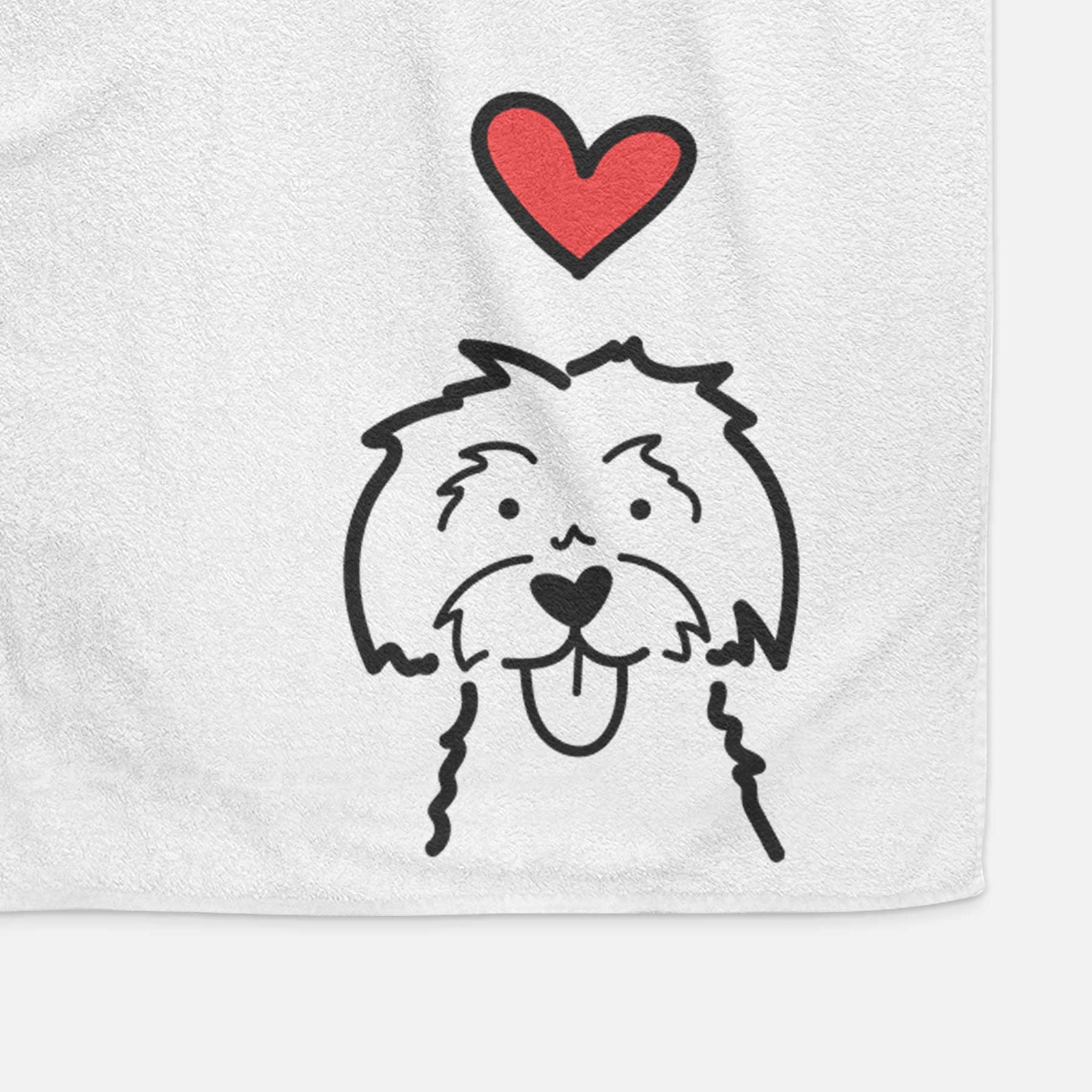 Minimalist line drawing of a Maltese with a red heart on a decorative hand towel