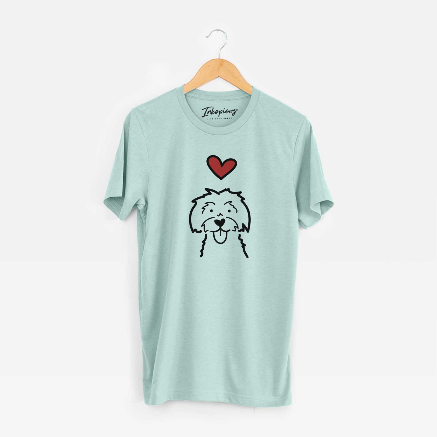 Minimalist line drawing of a Maltese with a red heart on a Heather Sage Unisex crewneck