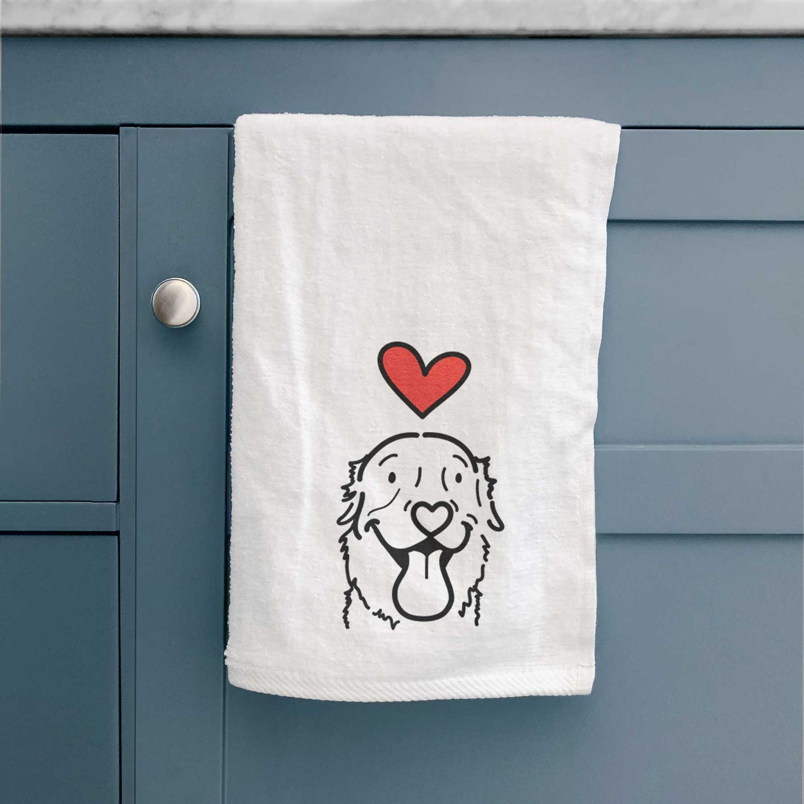 Minimalist line drawing of Maple the Golden Retriever with a red heart on a decorative hand towel