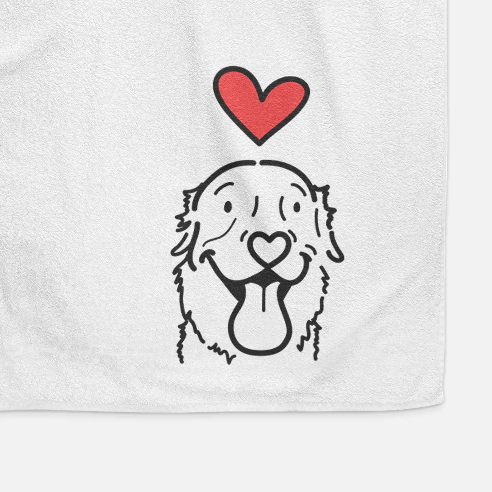 Minimalist line drawing of Maple the Golden Retriever with a red heart on a decorative hand towel